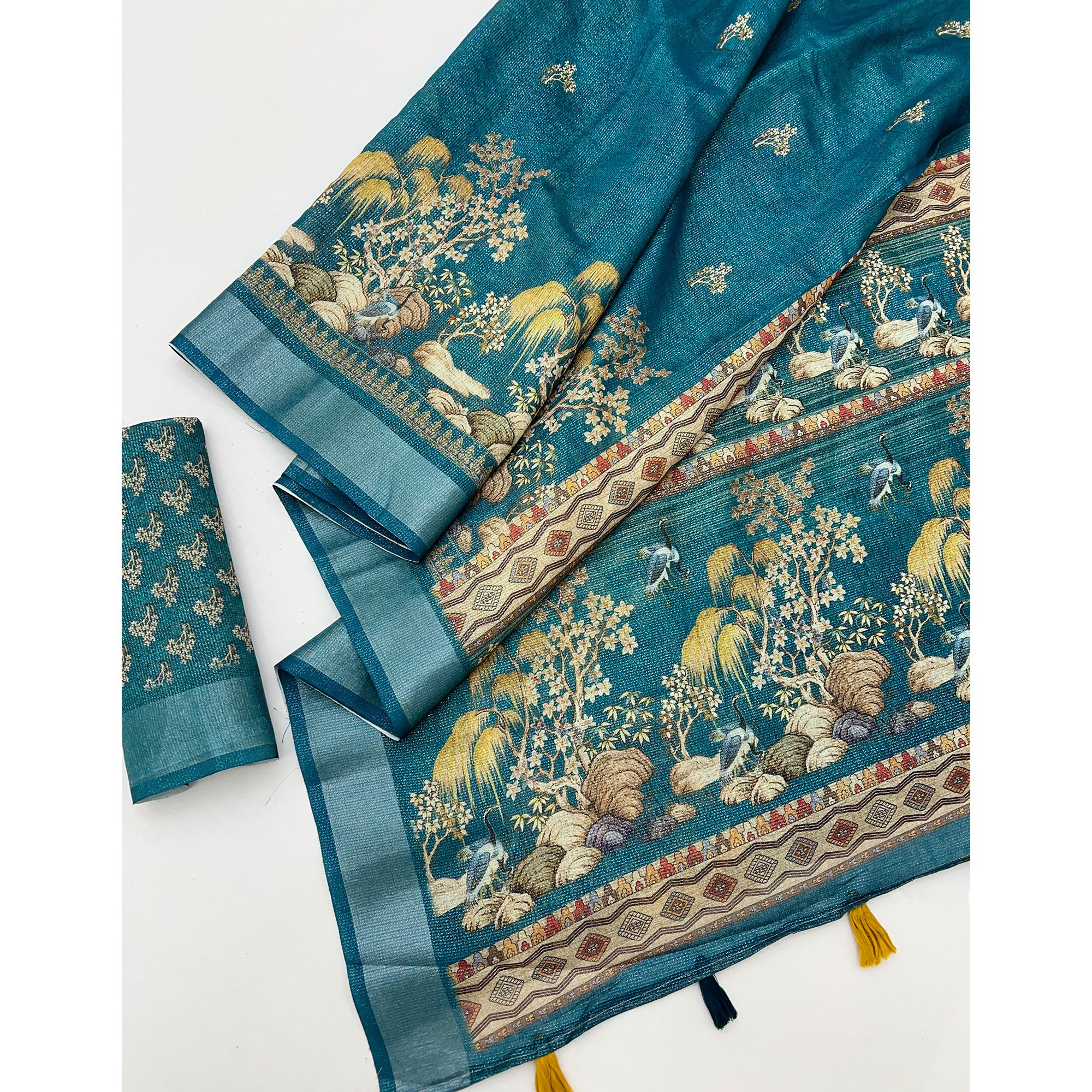 Morpich Blue Floral Digital Printed Cotton Blend Weaving Zari Saree With Tassel Pallu