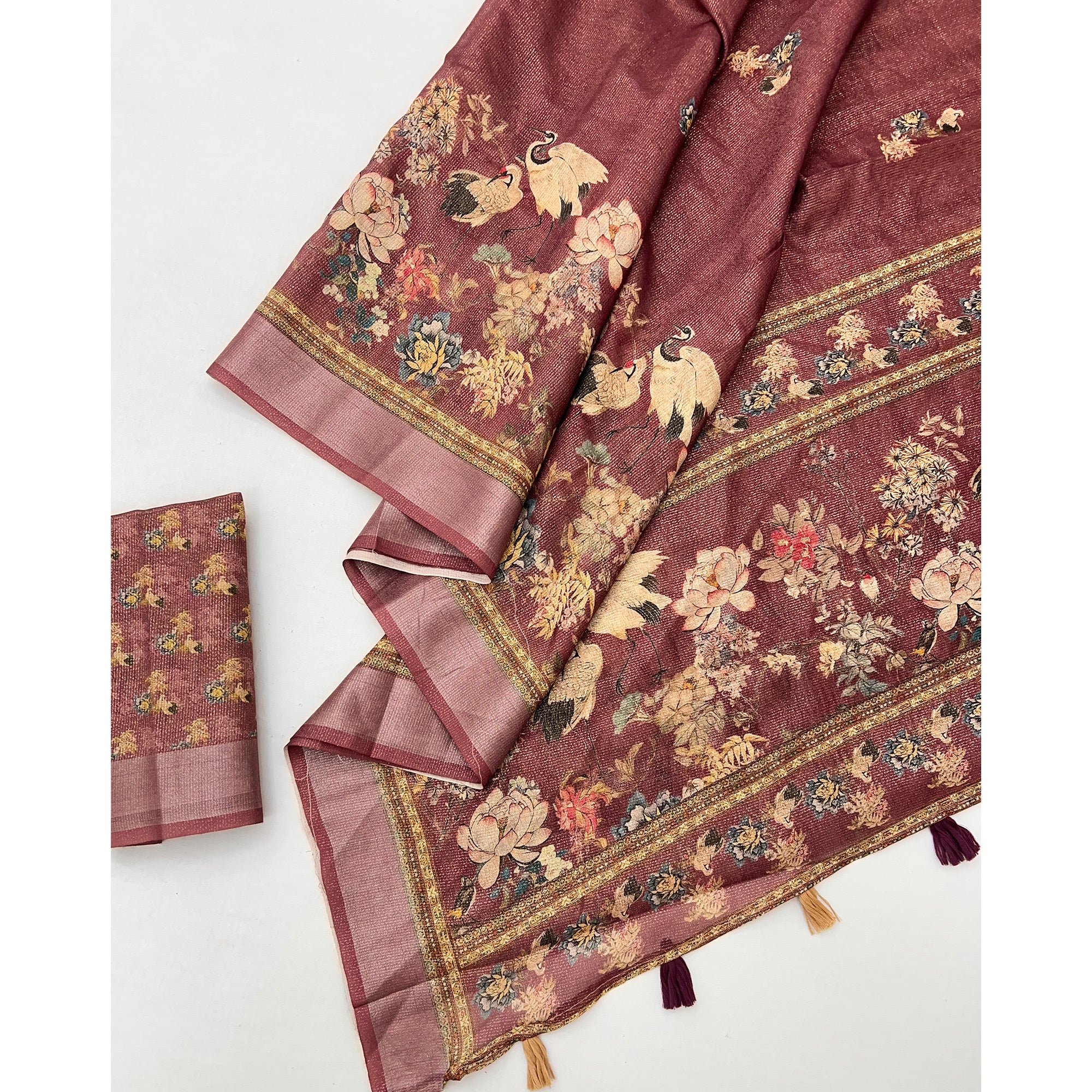 Maroon Floral Digital Printed Cotton Blend Weaving Zari Saree With Tassel Pallu