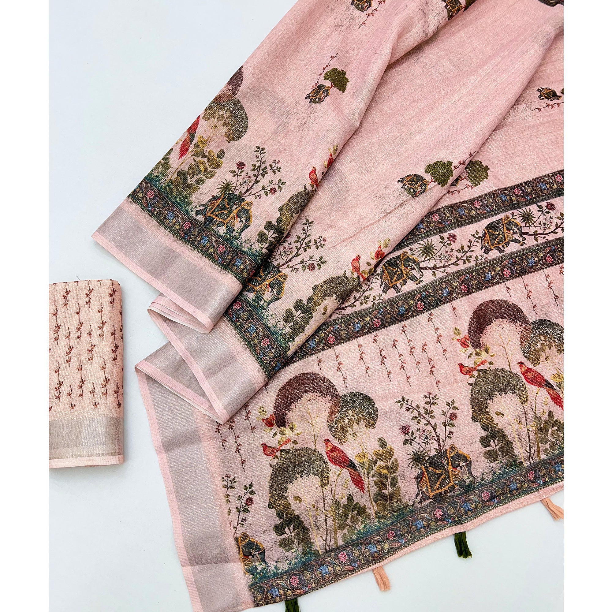 Pink Floral Digital Printed Cotton Blend Weaving Zari Saree With Tassel Pallu