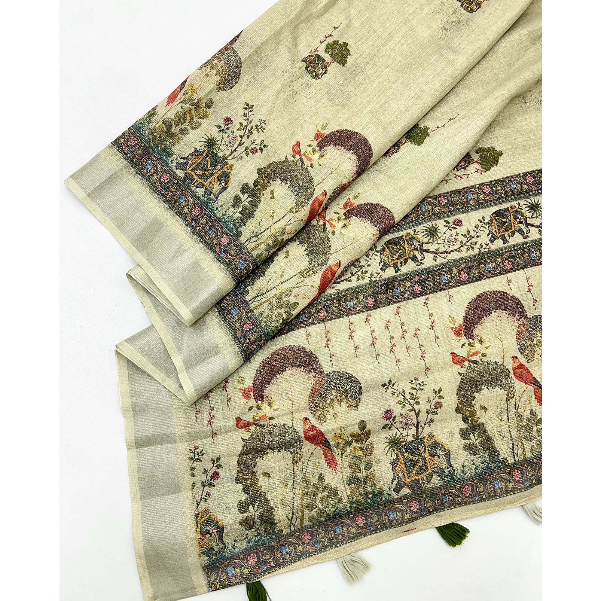 Cream Floral Digital Printed Cotton Blend Weaving Zari Saree With Tassel Pallu
