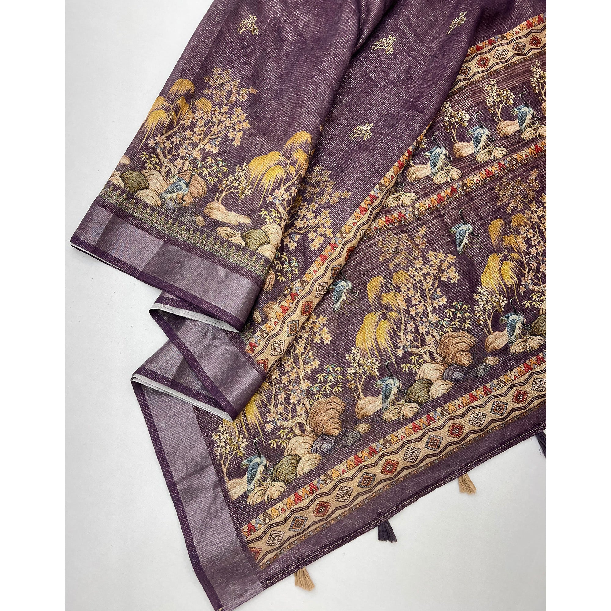 Purple Floral Digital Printed Cotton Blend Weaving Zari Saree With Tassel Pallu