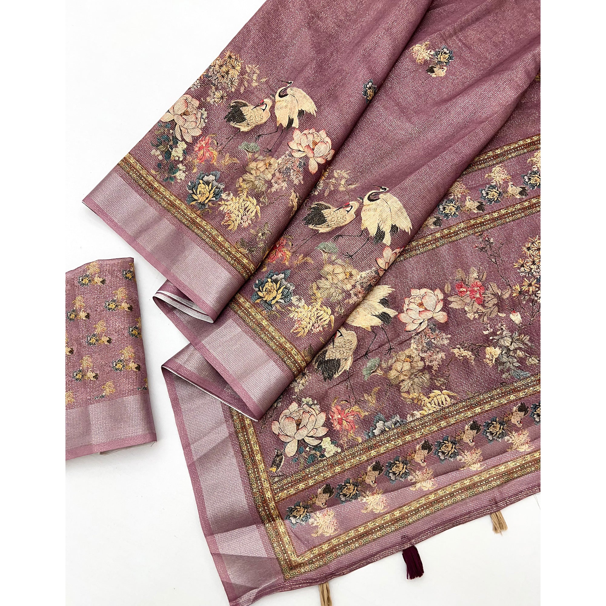 Dark Mauve Floral Digital Printed Cotton Blend Weaving Zari Saree With Tassel Pallu