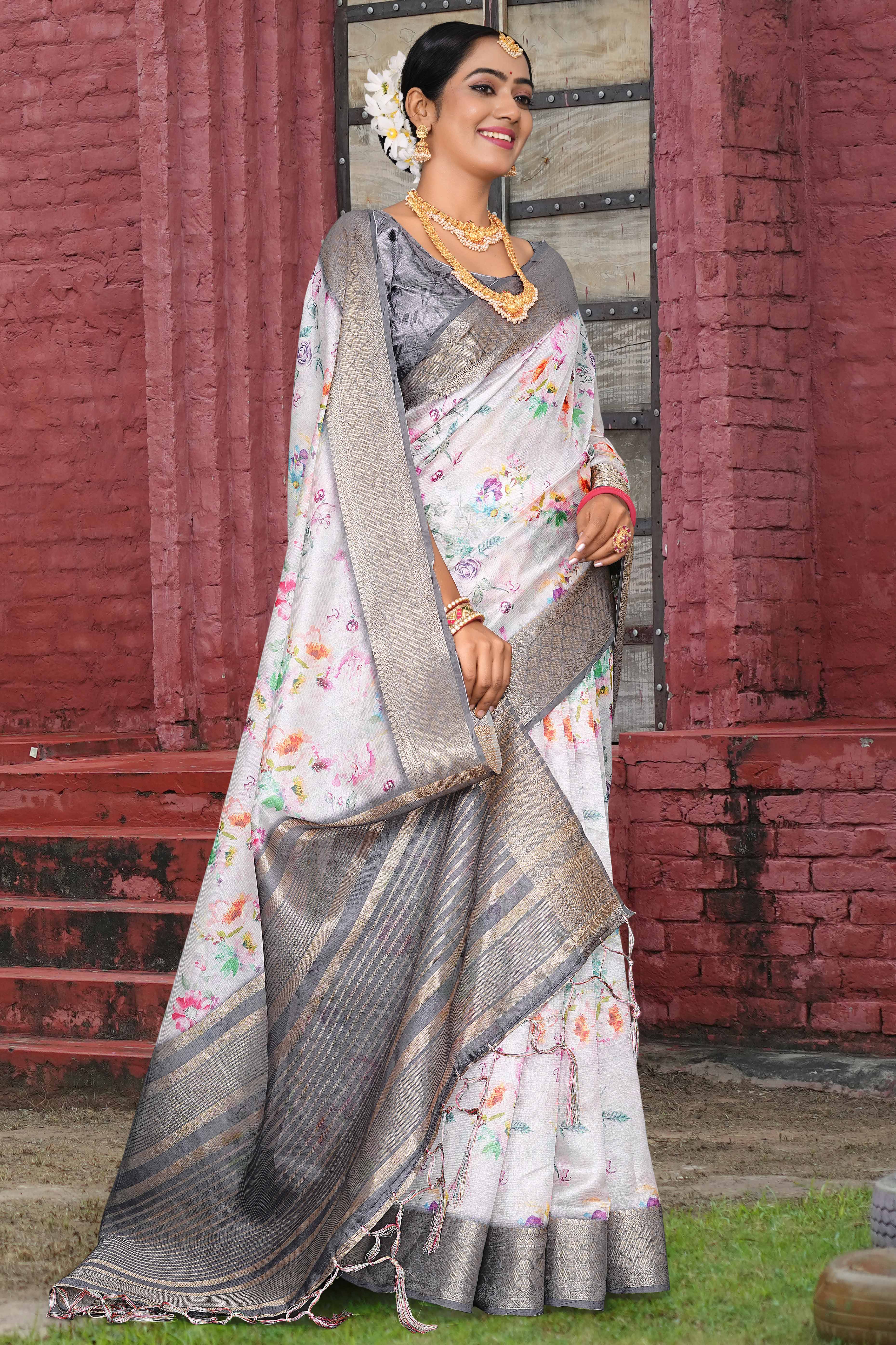 Light Grey Floral Digital Printed Silk Blend Saree With Intricate Weaving Border & Tassel Pallu