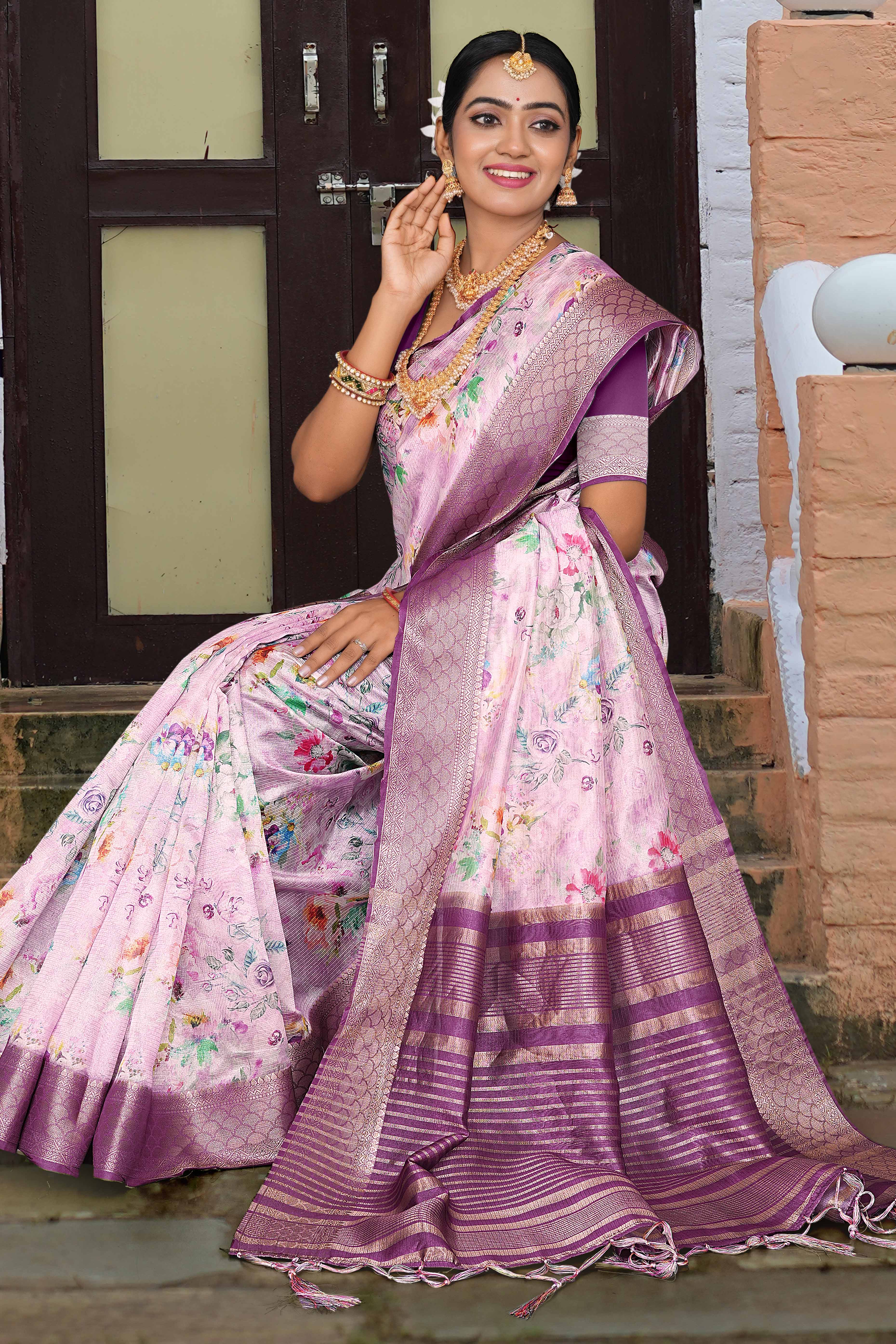 Light Purple Floral Digital Printed Silk Blend Saree With Intricate Weaving Border & Tassel Pallu
