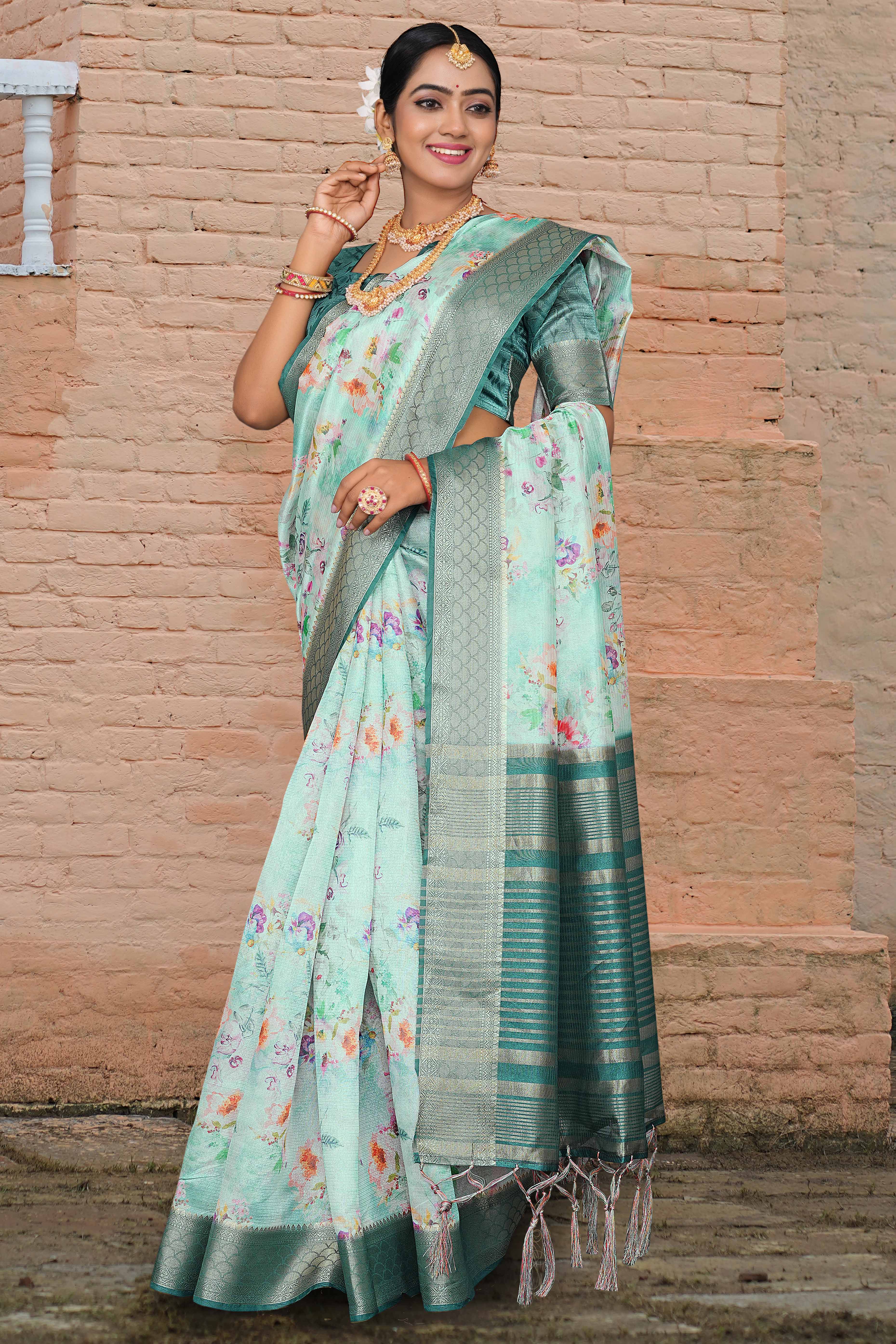 Pale Turquoise Floral Digital Printed Silk Blend Saree With Intricate Weaving Border & Tassel Pallu
