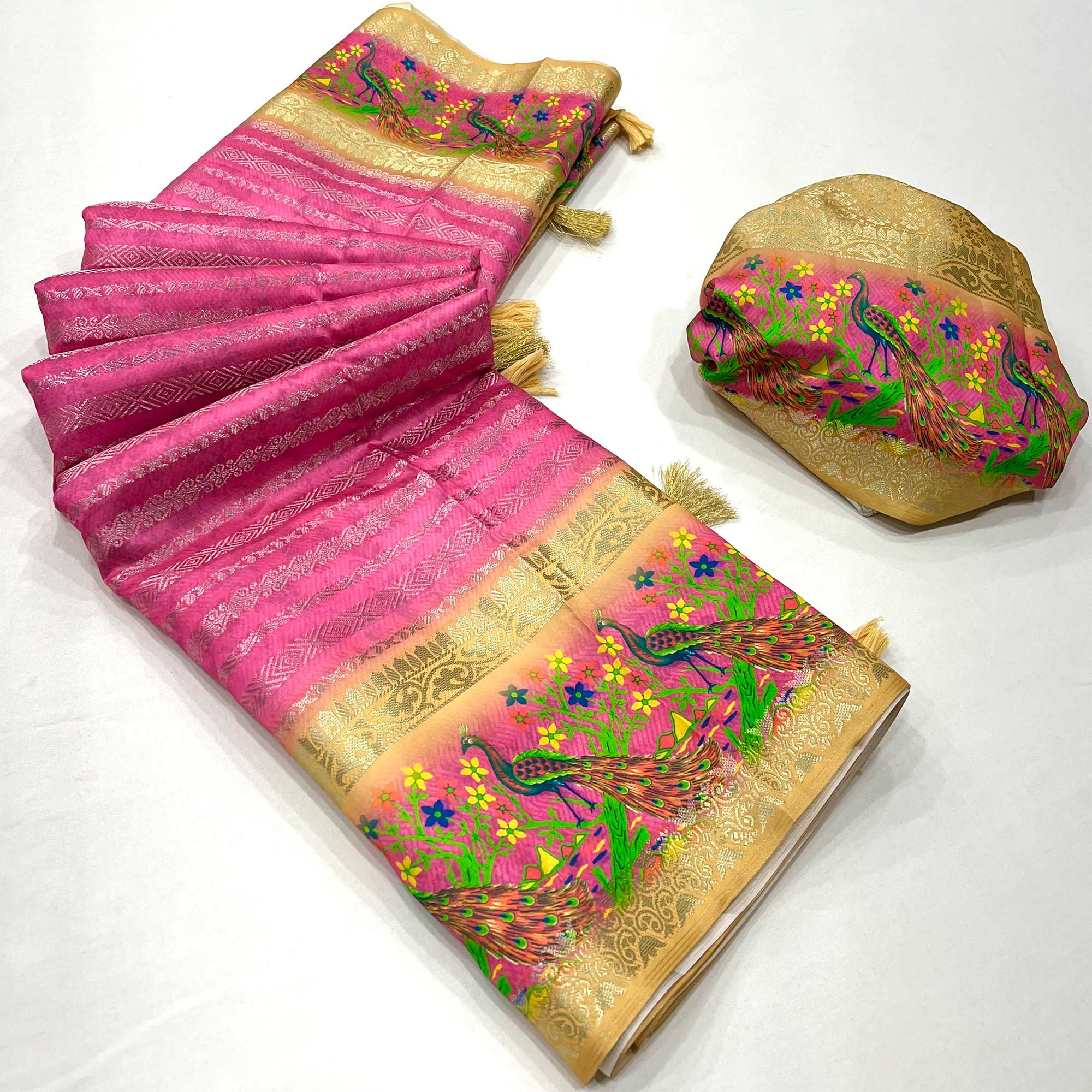 Pink Woven With Digital Printed Raw Silk Saree