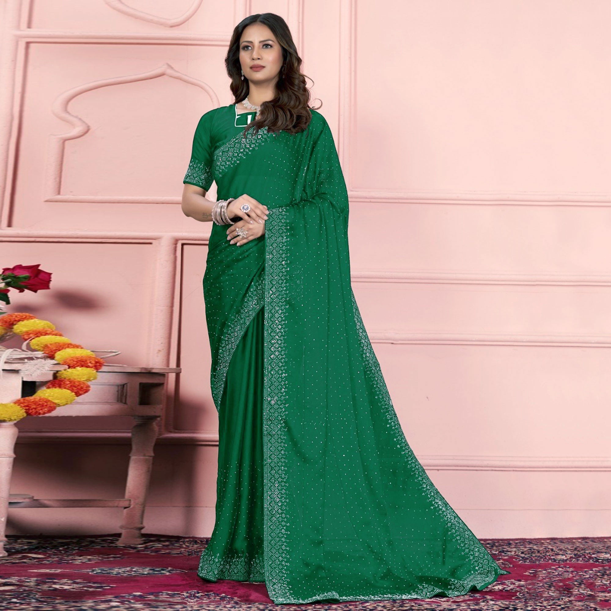 Green Swarovski Work Satin Saree