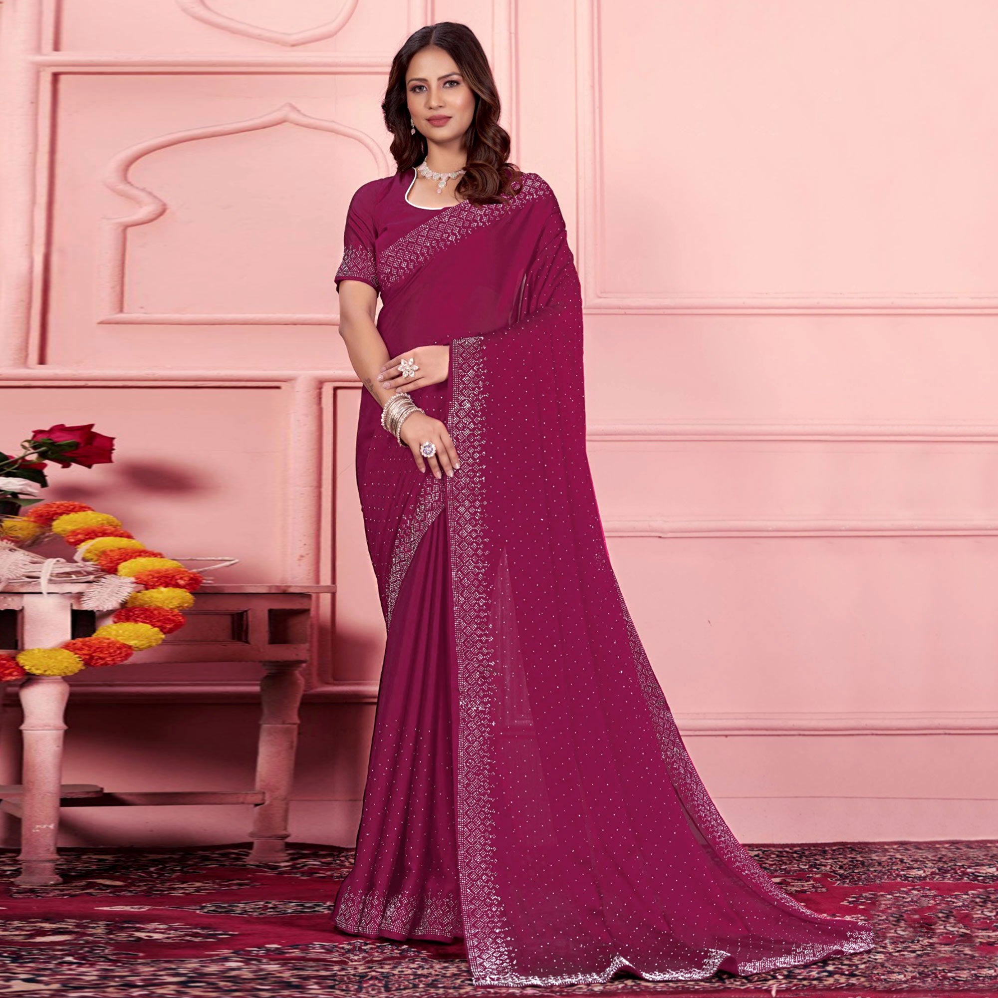 Rani Pink Swarovski Work Satin Saree