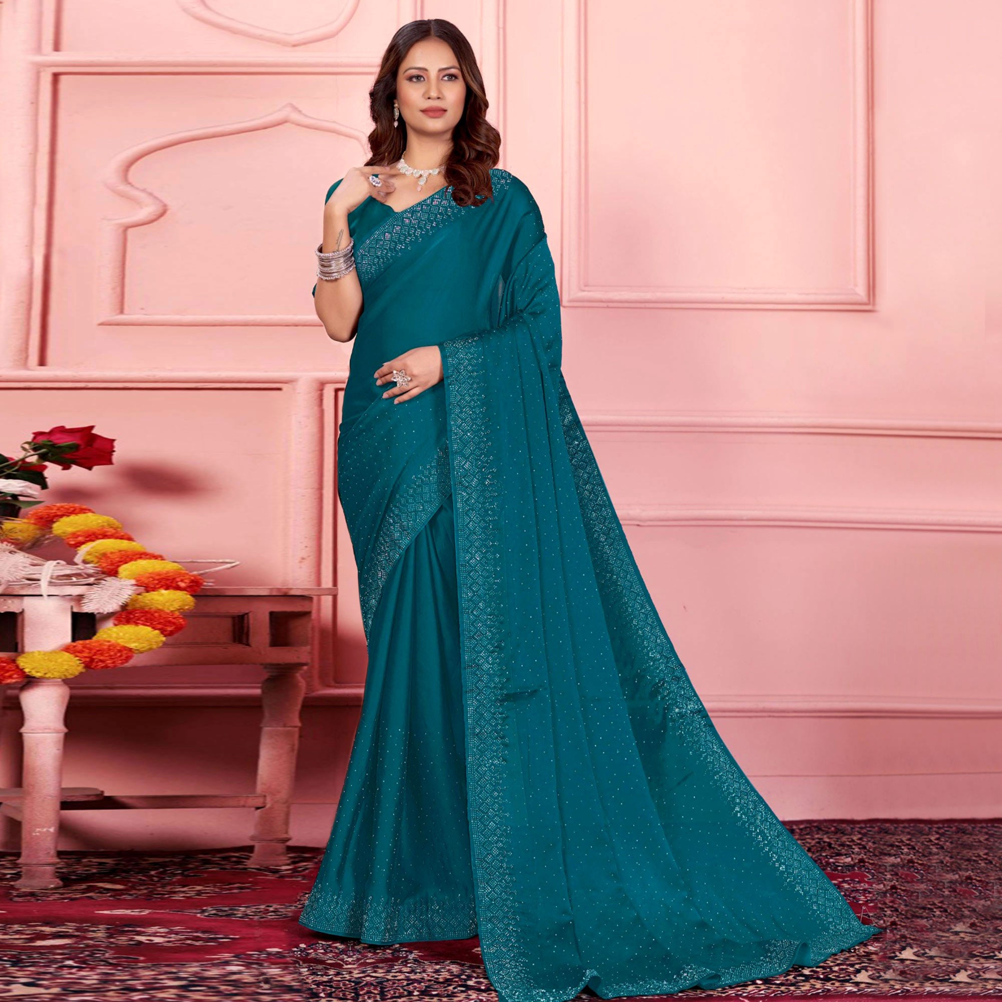 Teal Swarovski Work Satin Saree