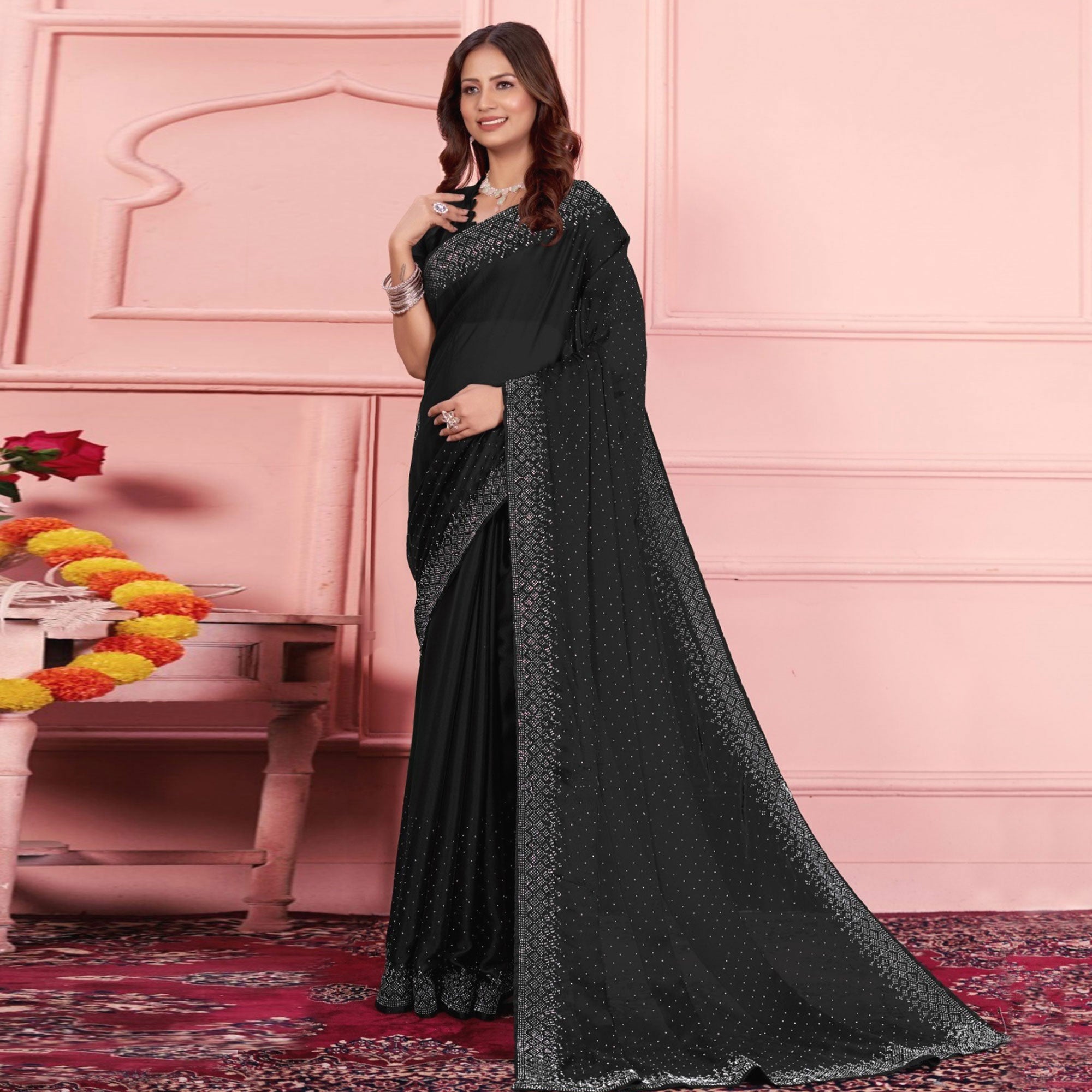 Black Swarovski Work Satin Saree
