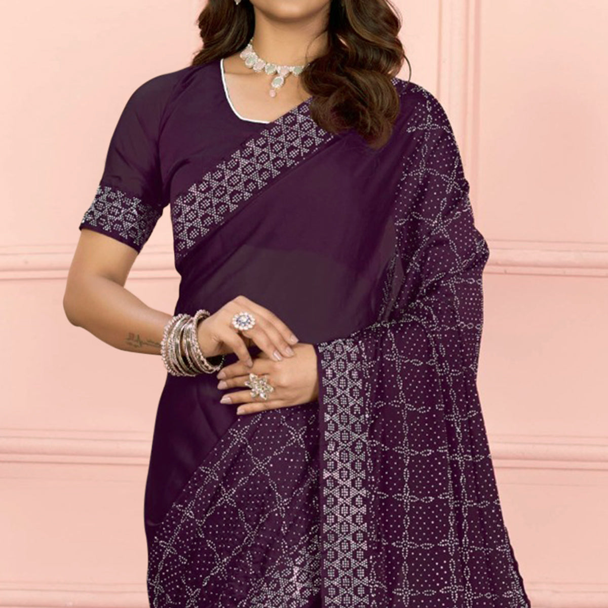 Wine Swarovski Work Satin Saree