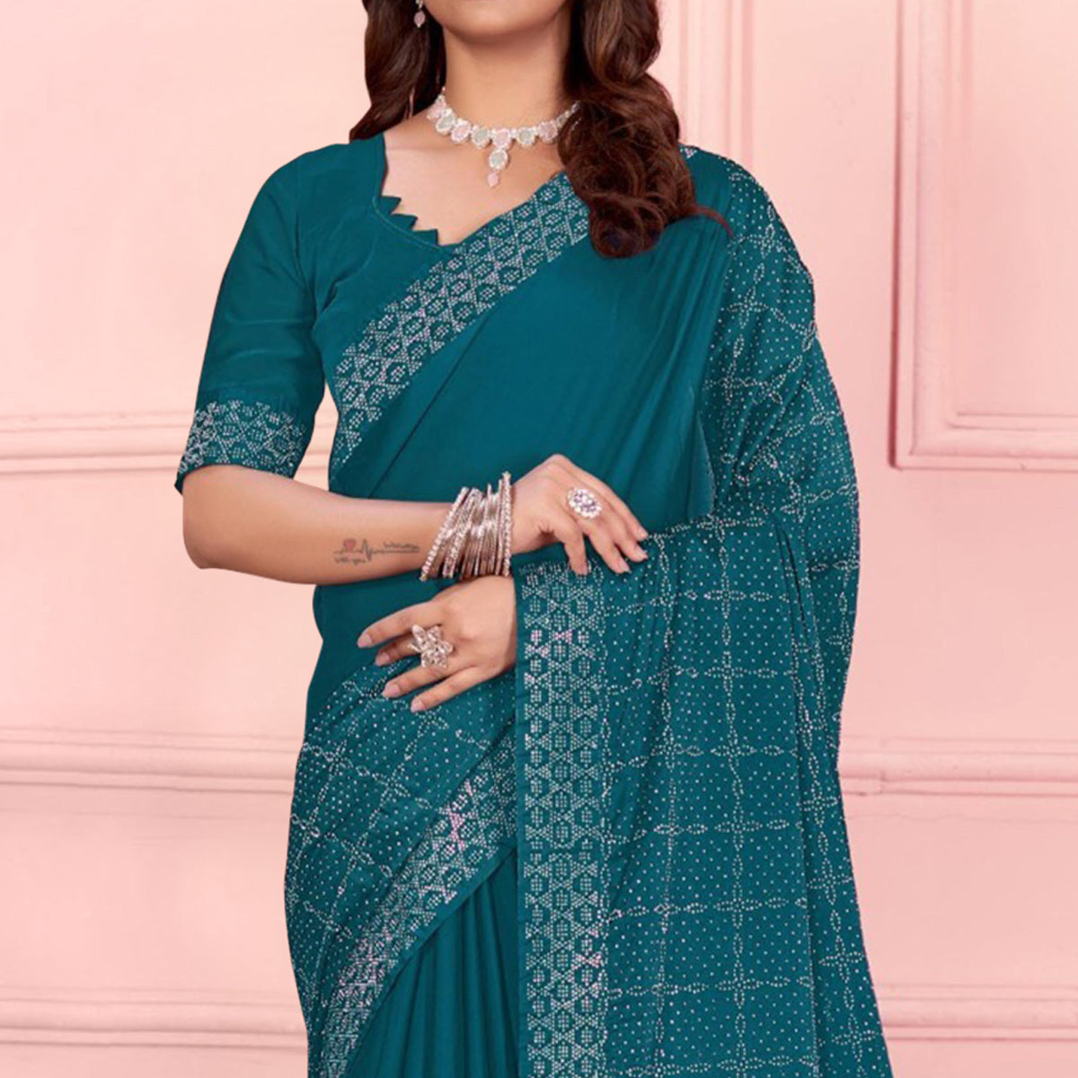 Teal Swarovski Work Satin Saree