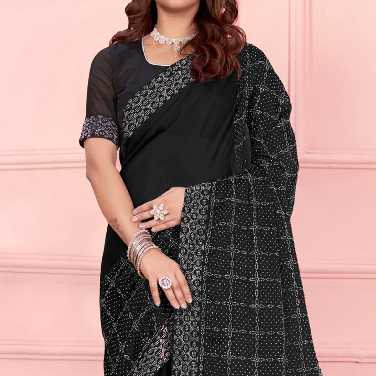 Black Swarovski Work Satin Saree