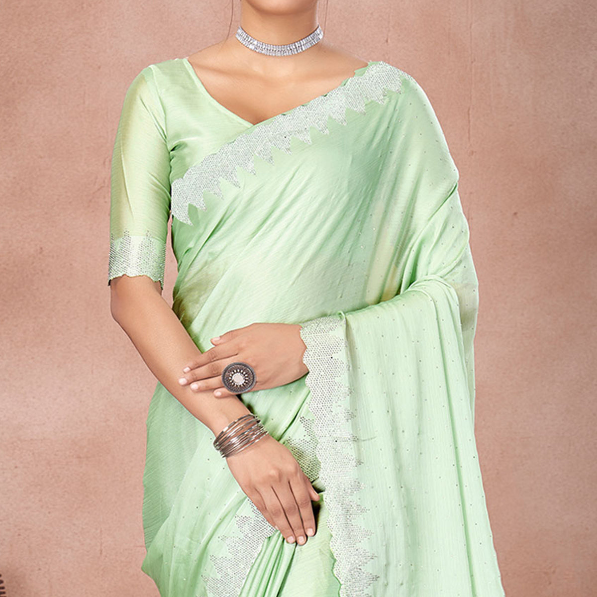 Pista Green Swarovski Work Satin Saree