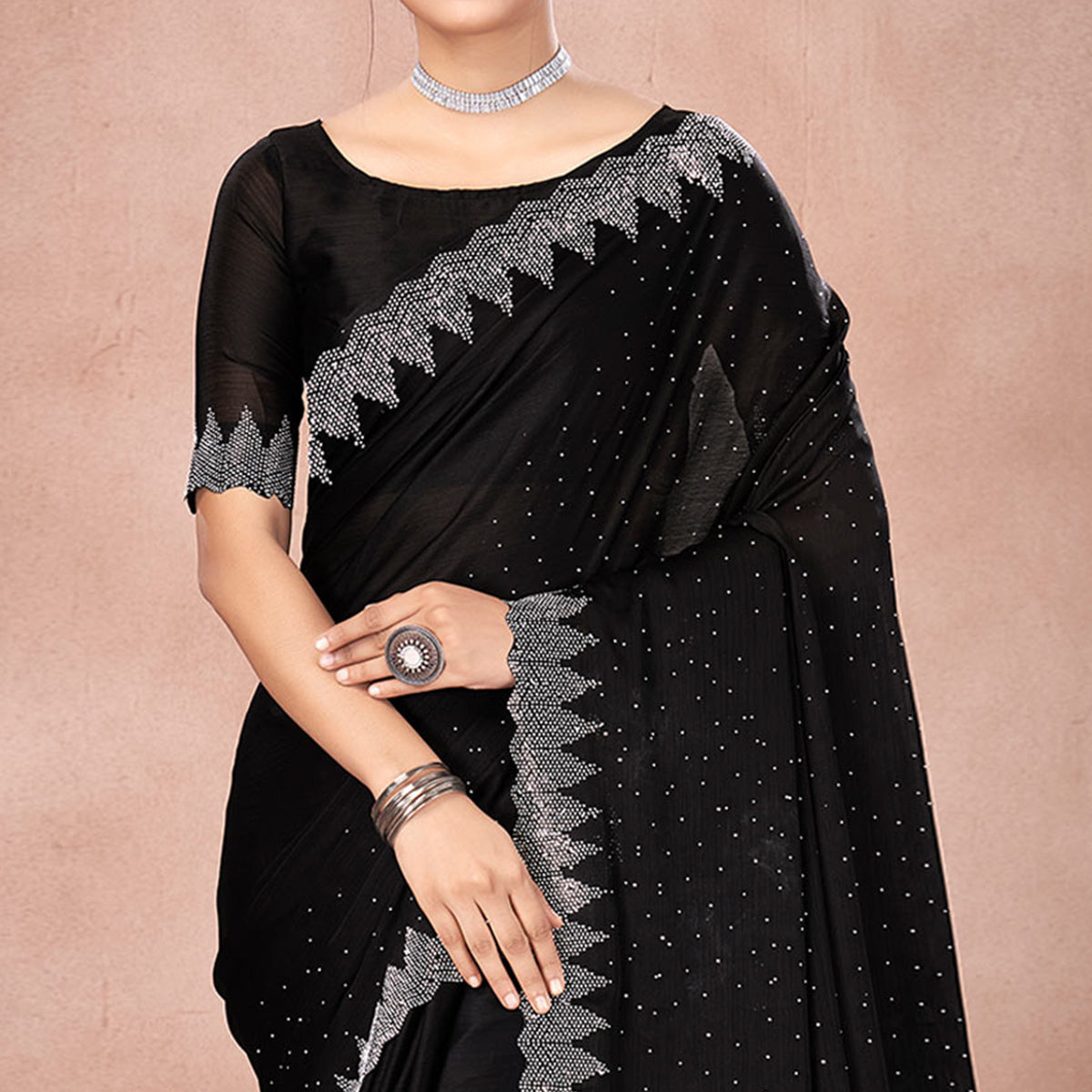 Black Swarovski Work Satin Saree