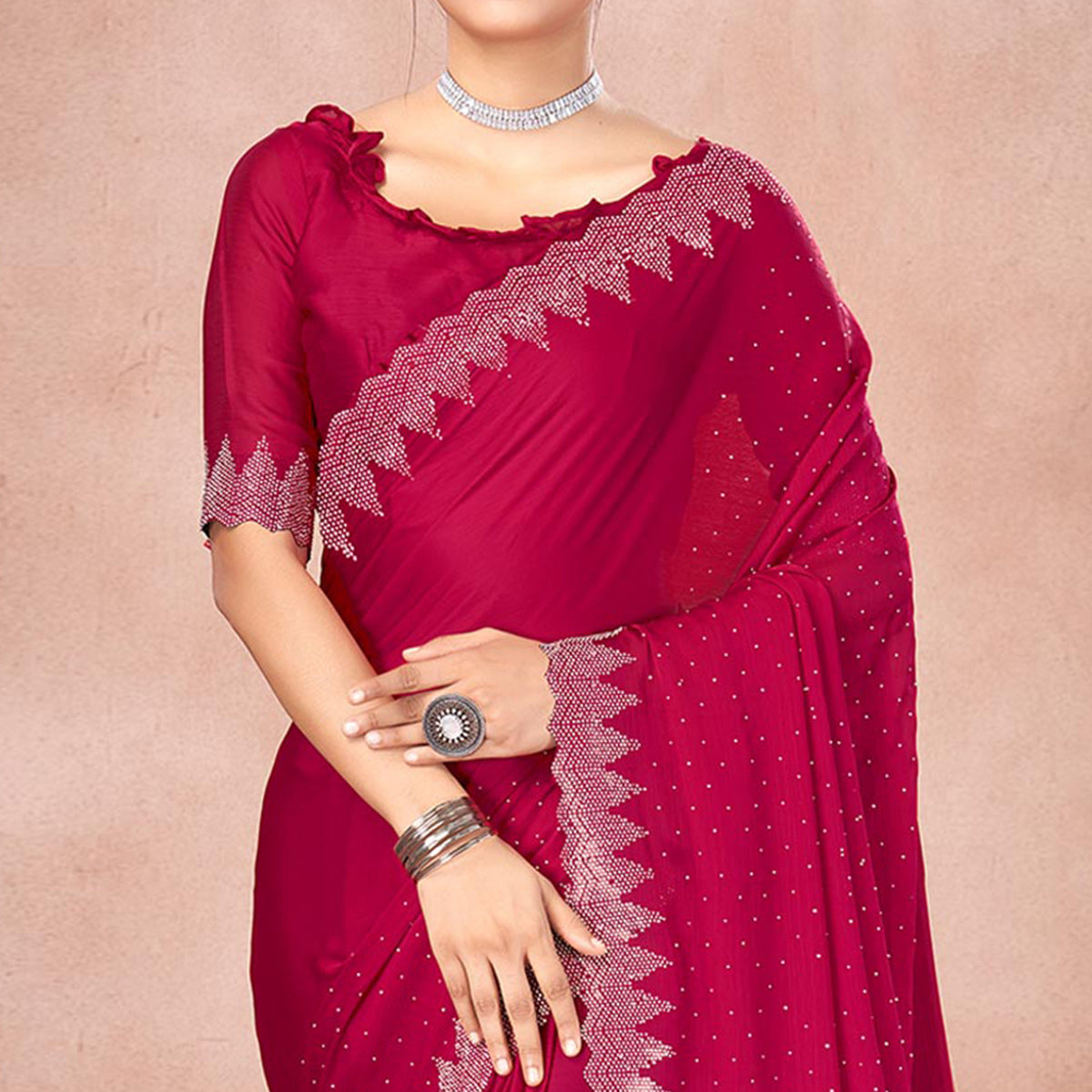 Pink Swarovski Work Satin Saree