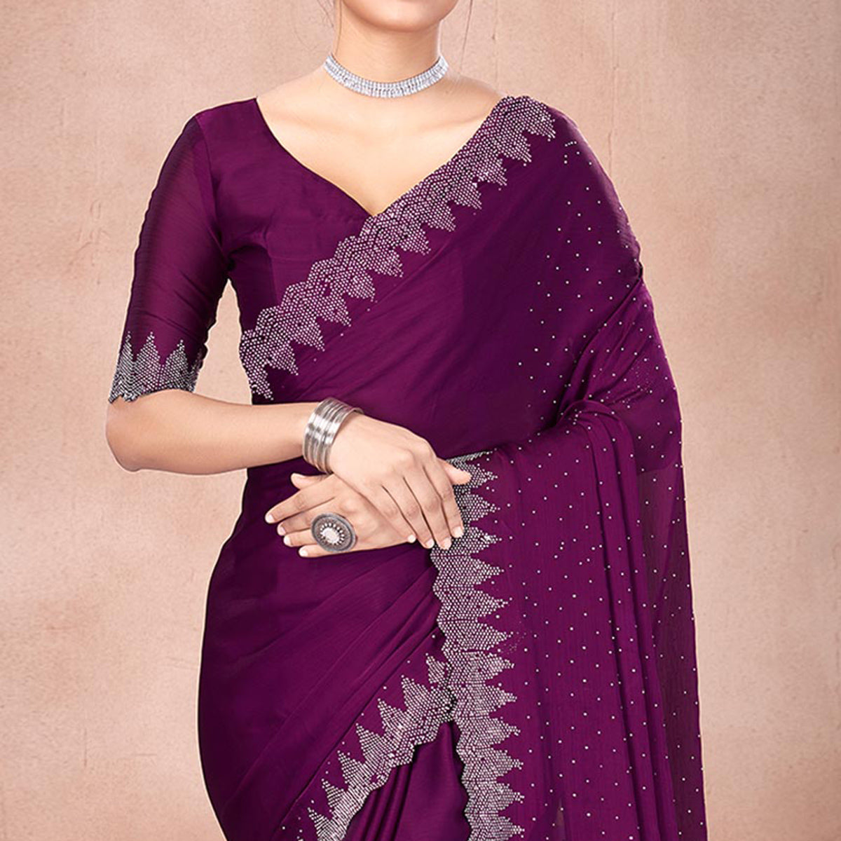 Wine Swarovski Work Satin Saree
