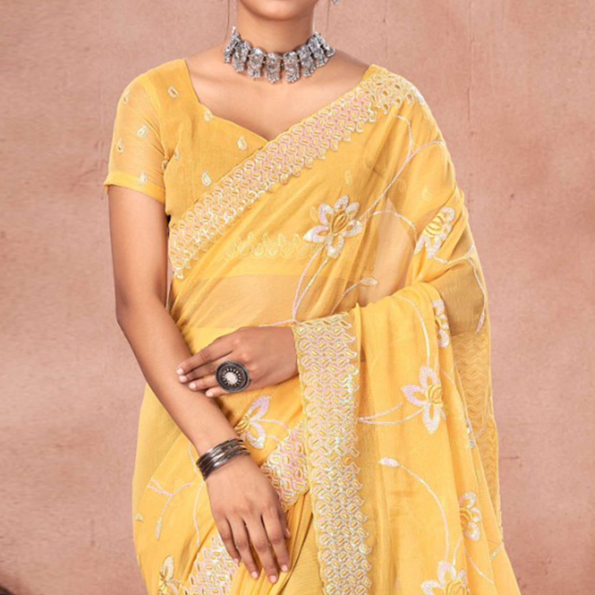 Yellow Floral Sequins Embroidered Chiffon Saree