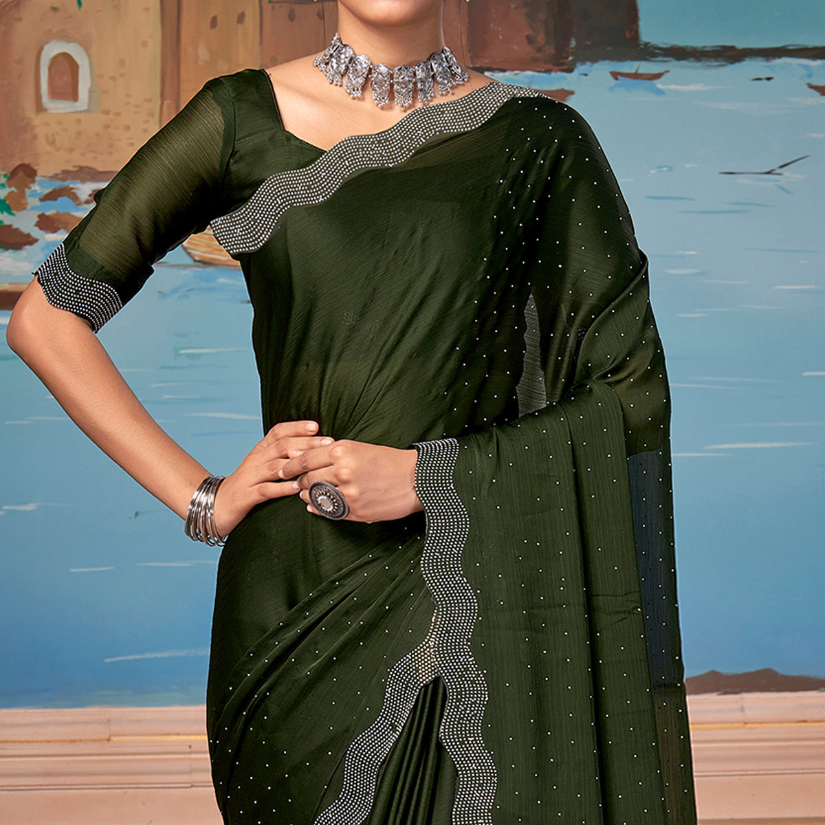 Green Swarovski Work Satin Saree