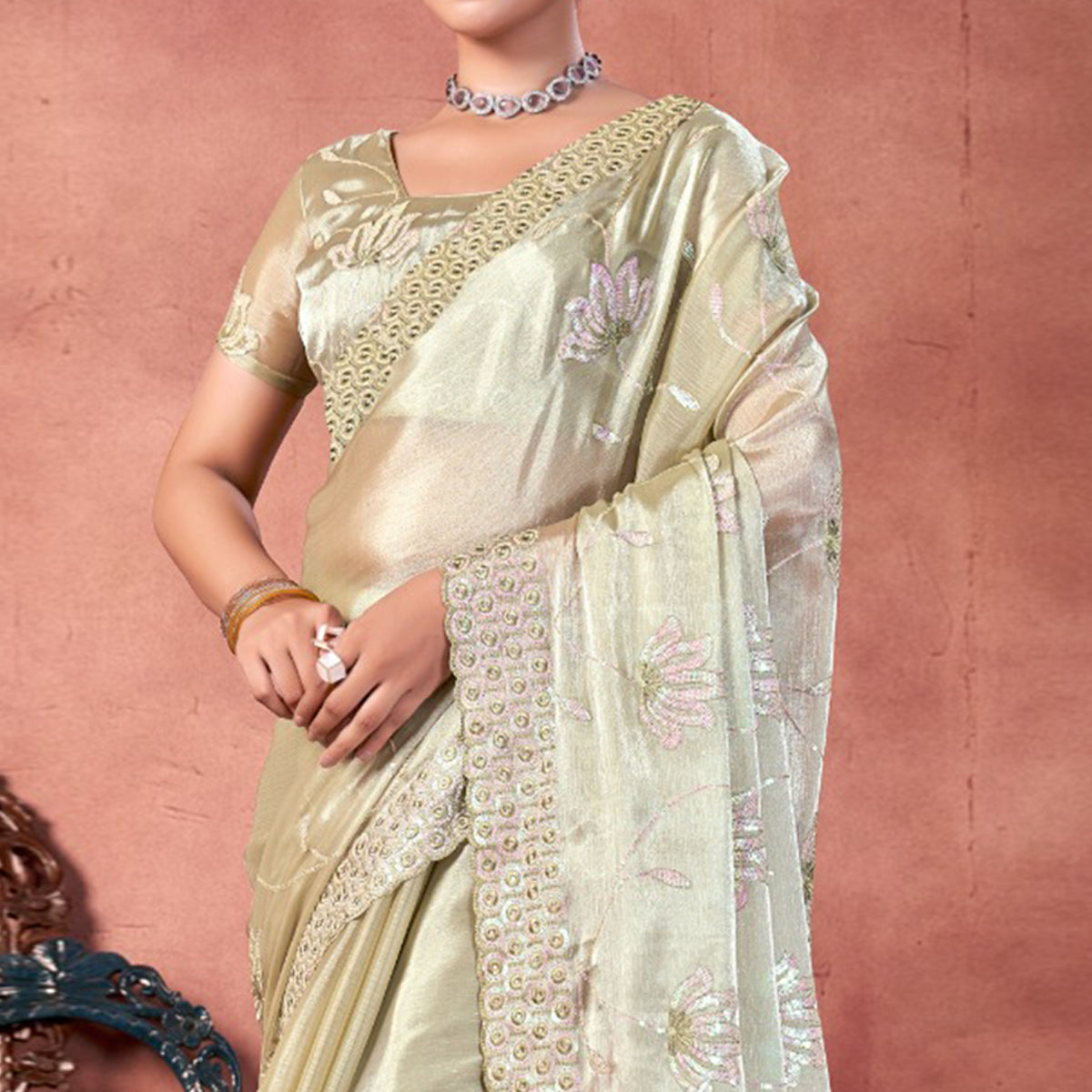 Pista Green Floral Sequins Embroidered chiffon Saree