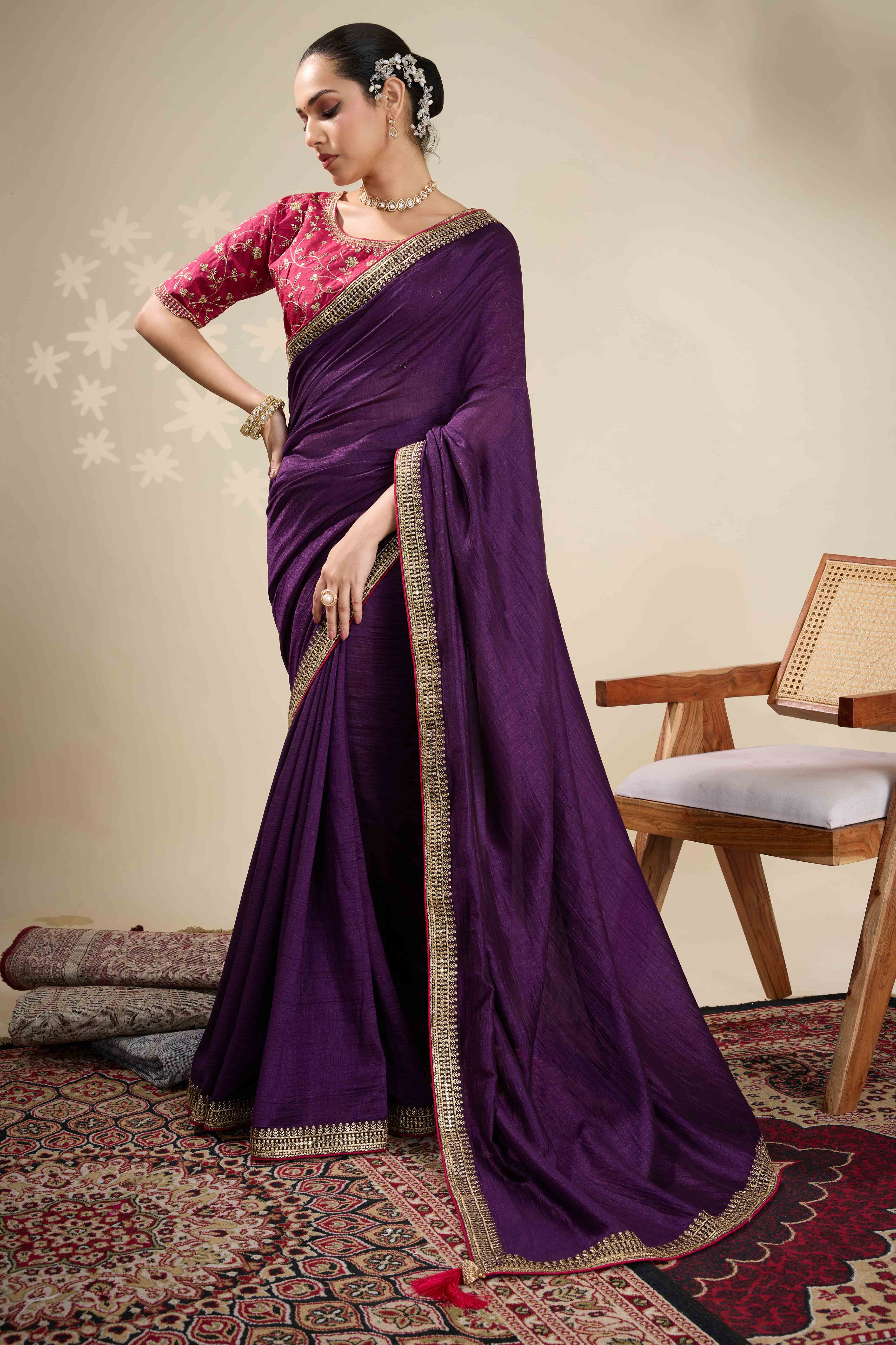 Graceful Vichitra Silk Saree in Purple with Embroidered Bordering