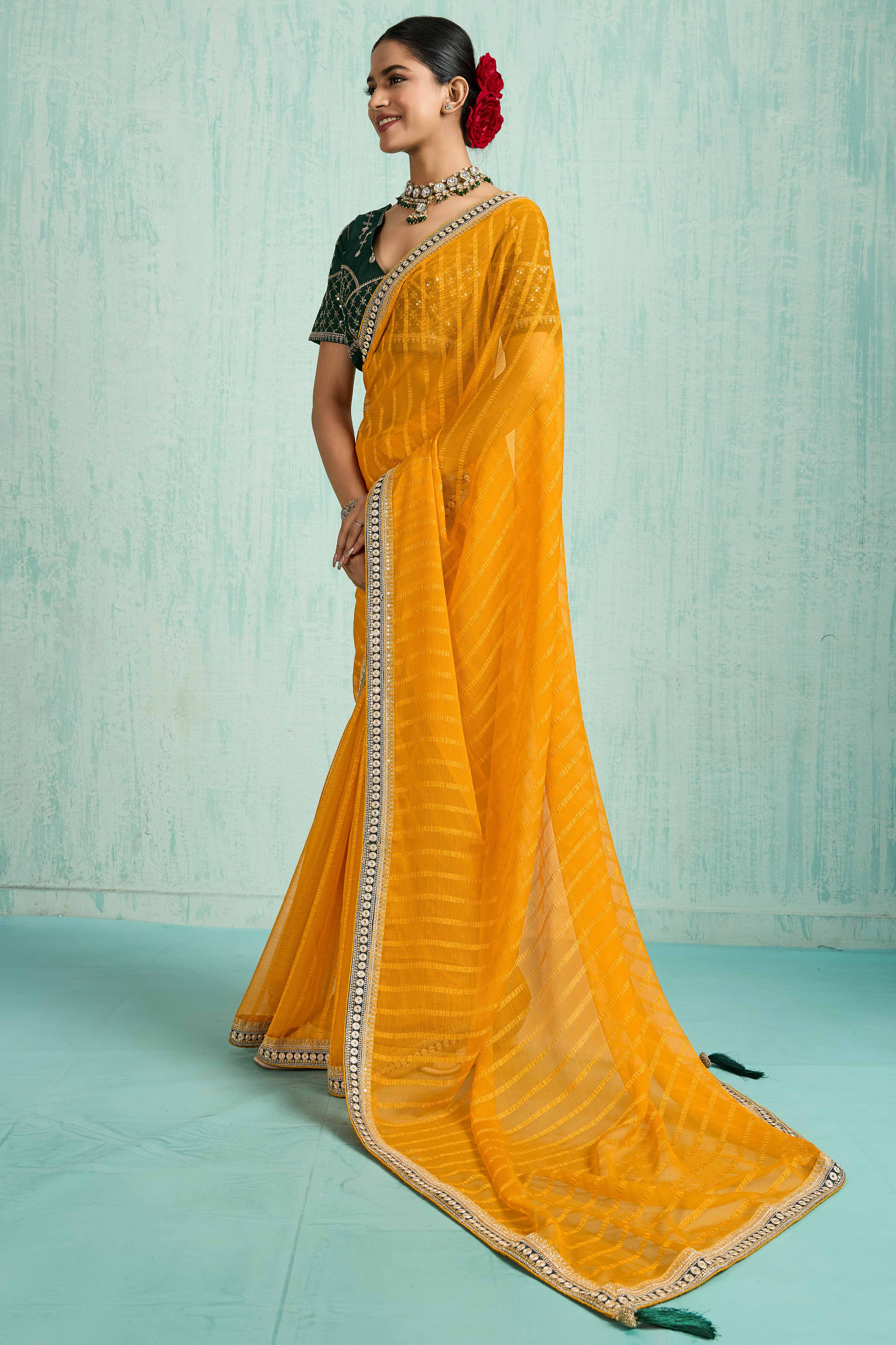 Mustard Chiffon Saree With Elegant Stripes & Sequins Embroidered Border