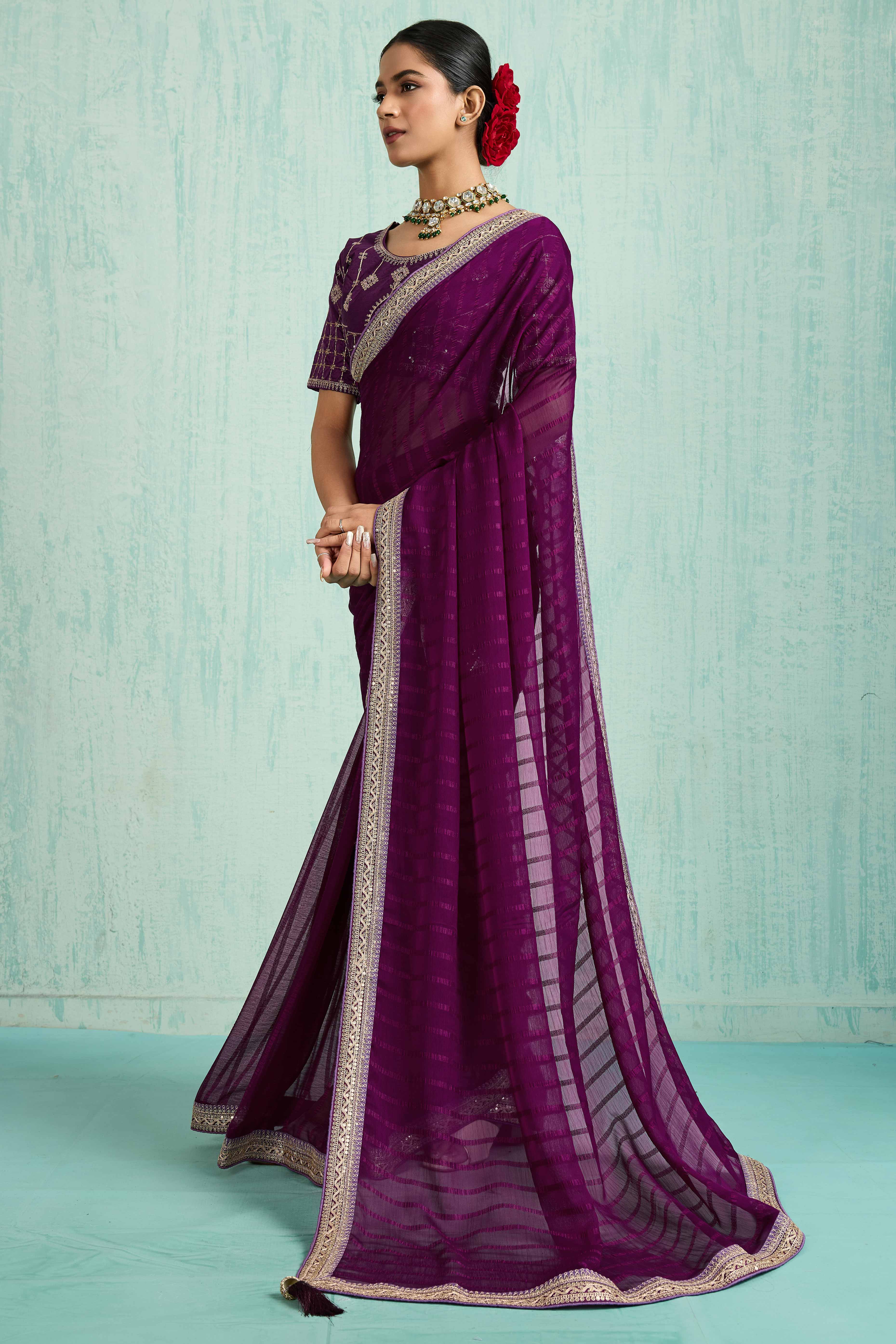 Purple Chiffon Saree With Elegant Stripes & Sequins Embroidered Border