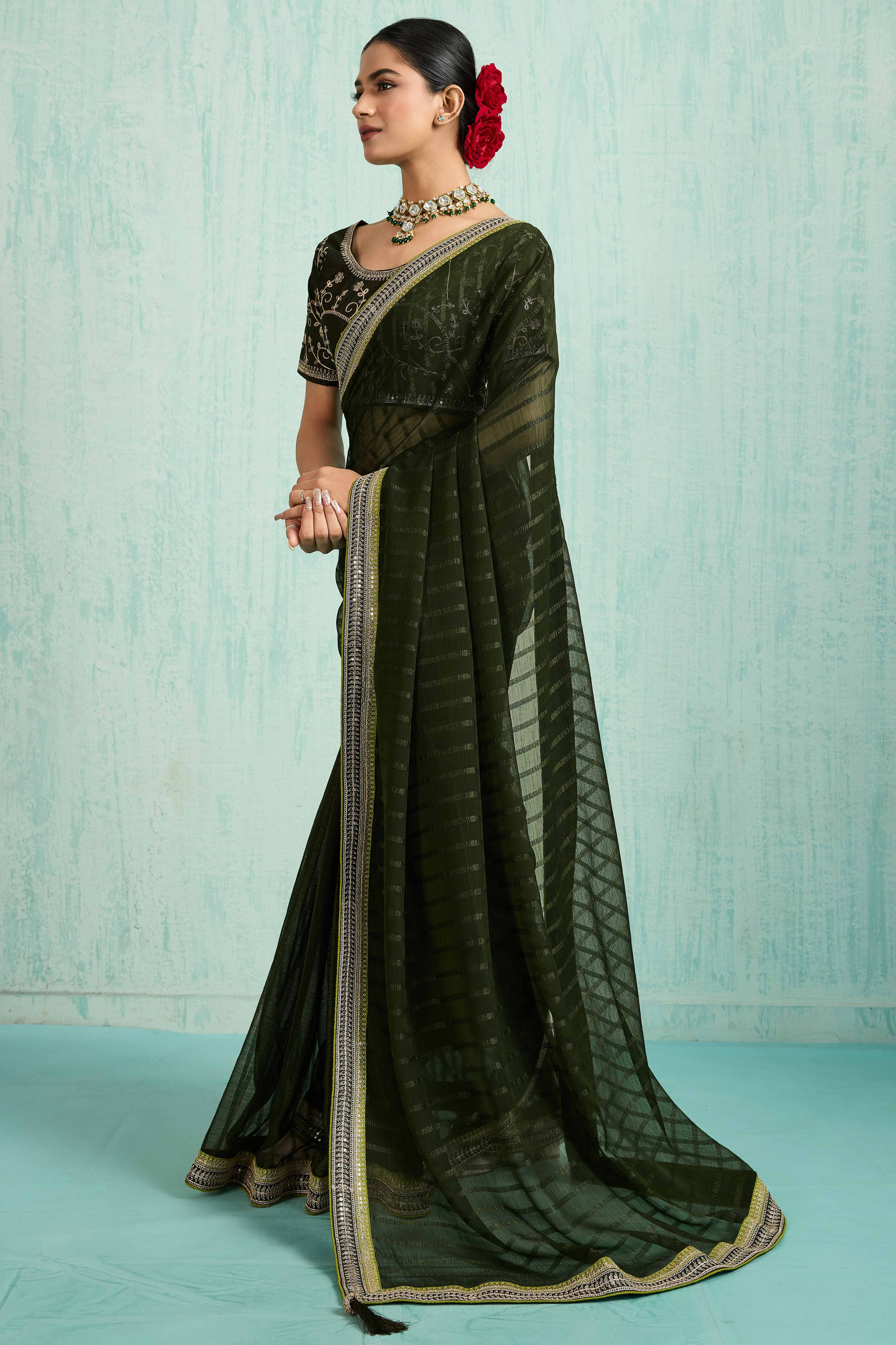 Mehandi Green Chiffon Saree With Elegant Stripes & Sequins Embroidered Border