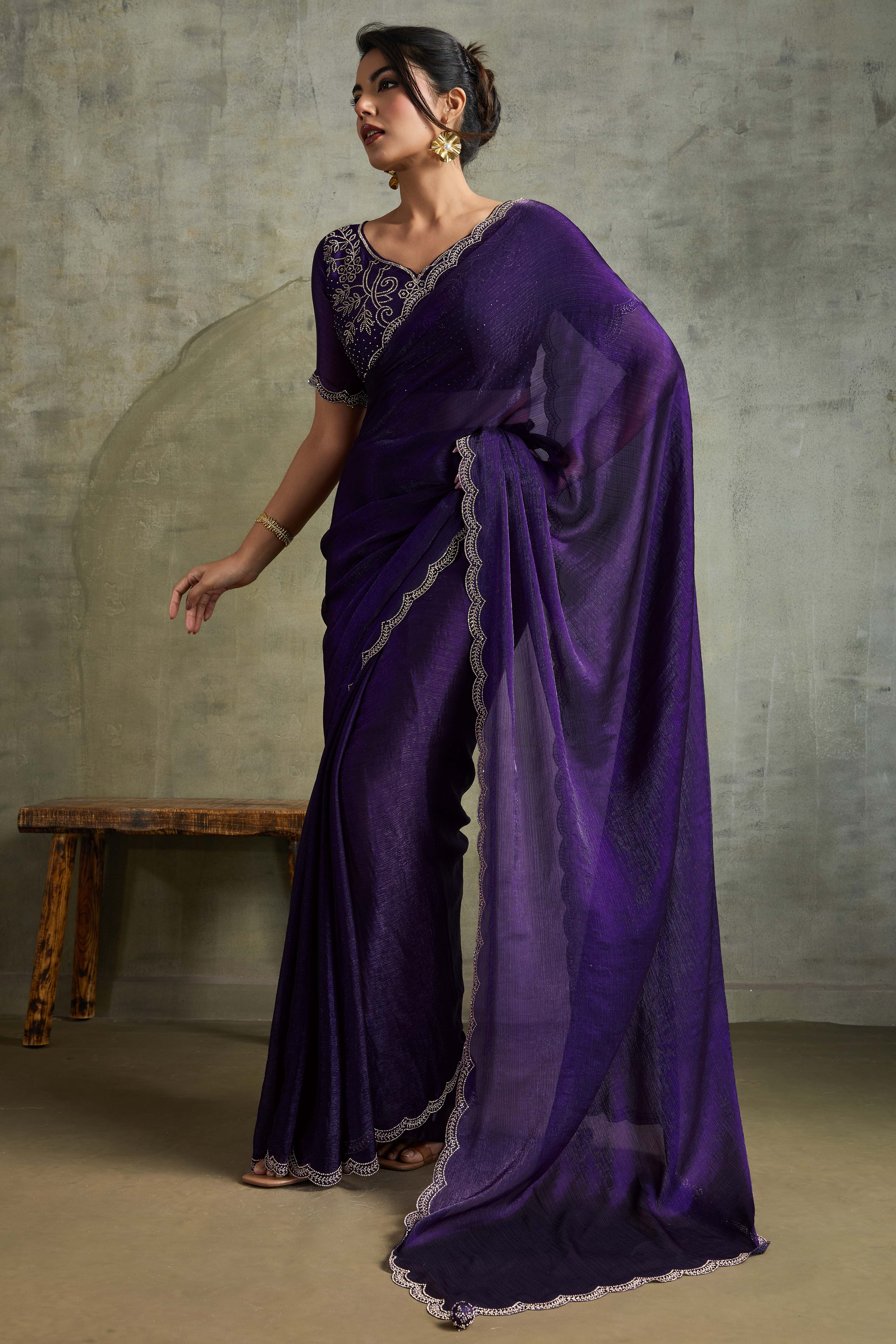 Violet Solid Chiffon Saree With Sparkling Zarkan Border & Latkan Pallu