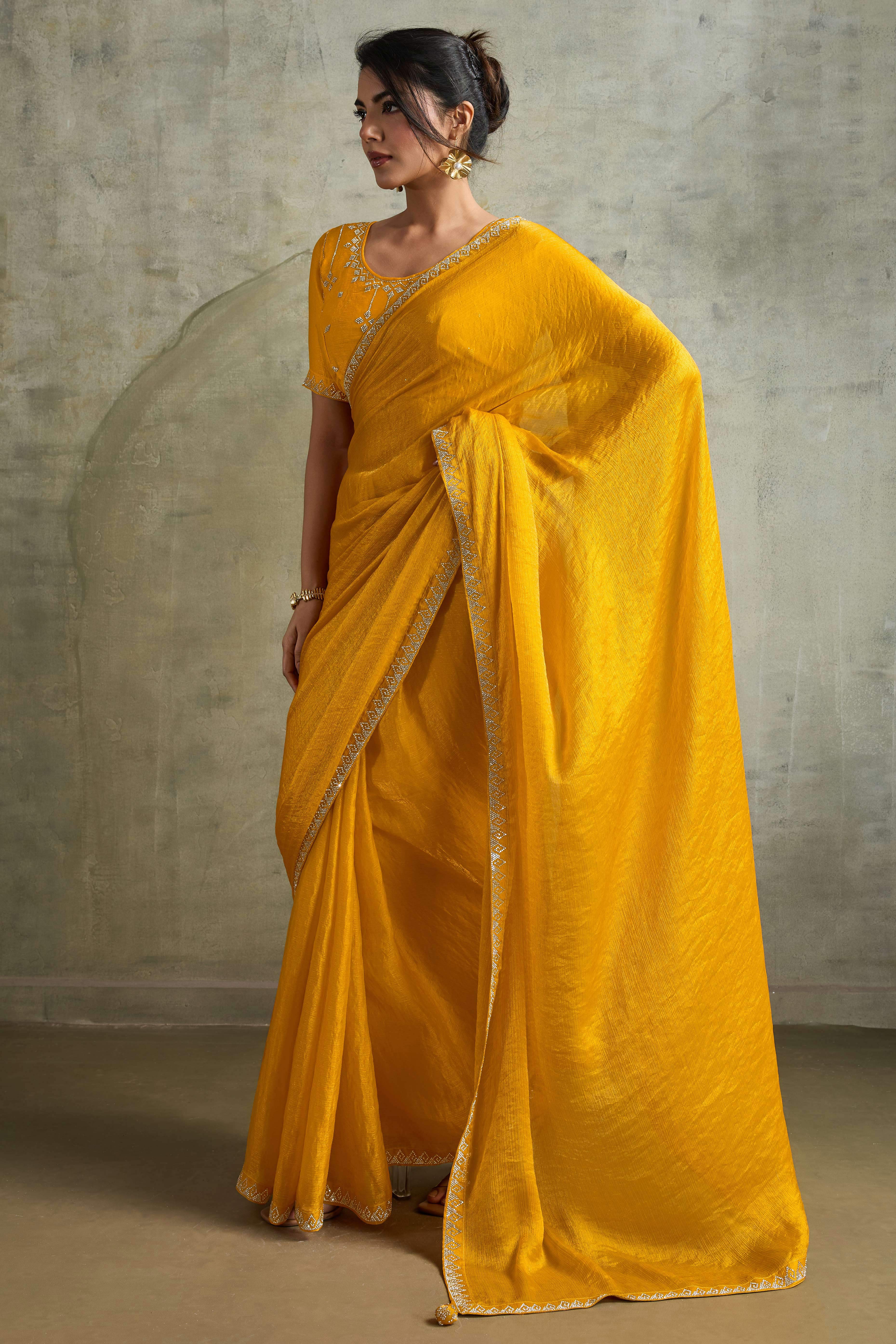 Mustard Solid Chiffon Saree With Sparkling Zarkan Border & Latkan Pallu