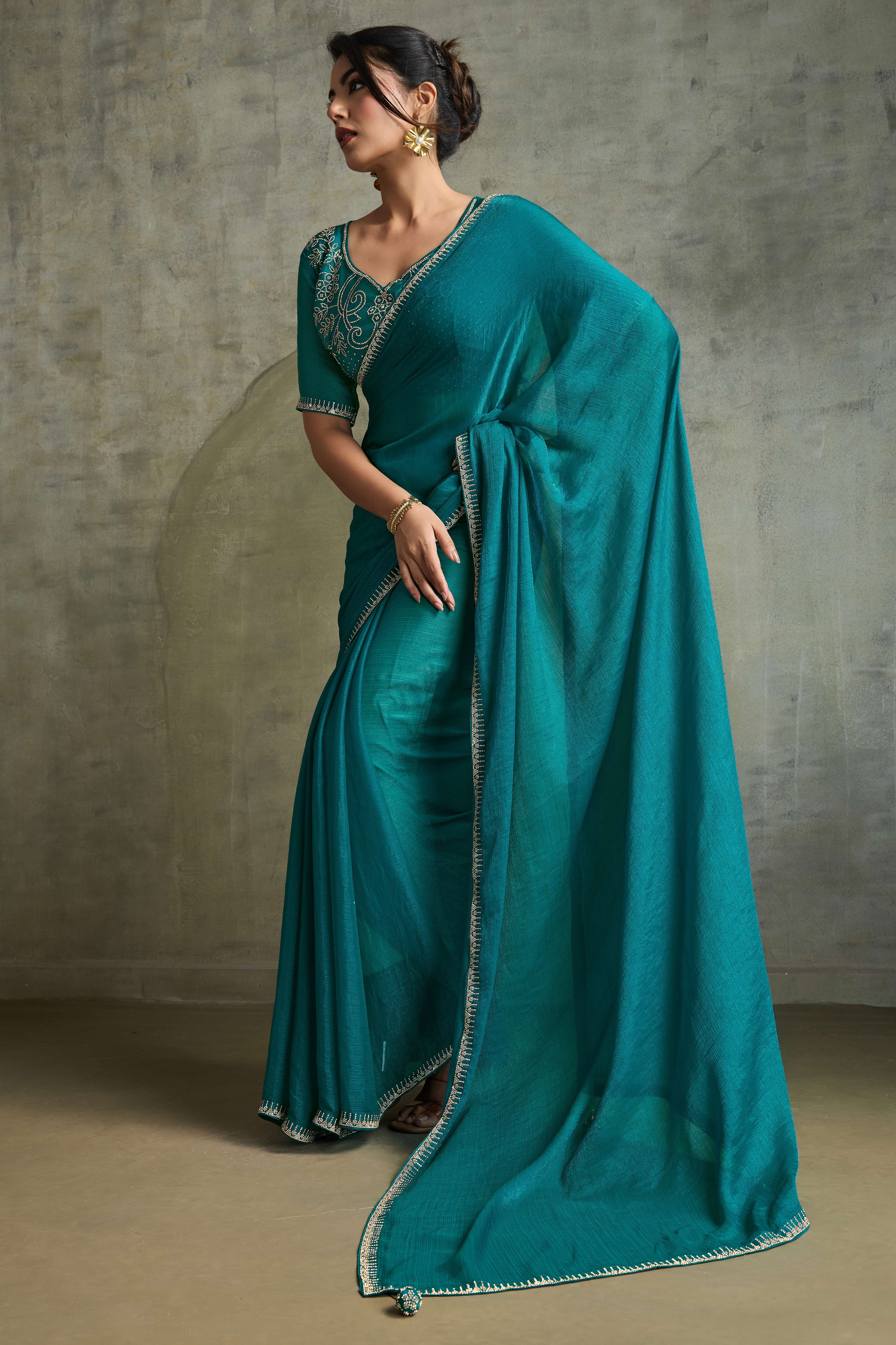 Teal Solid Chiffon Saree With Sparkling Zarkan Border & Latkan Pallu