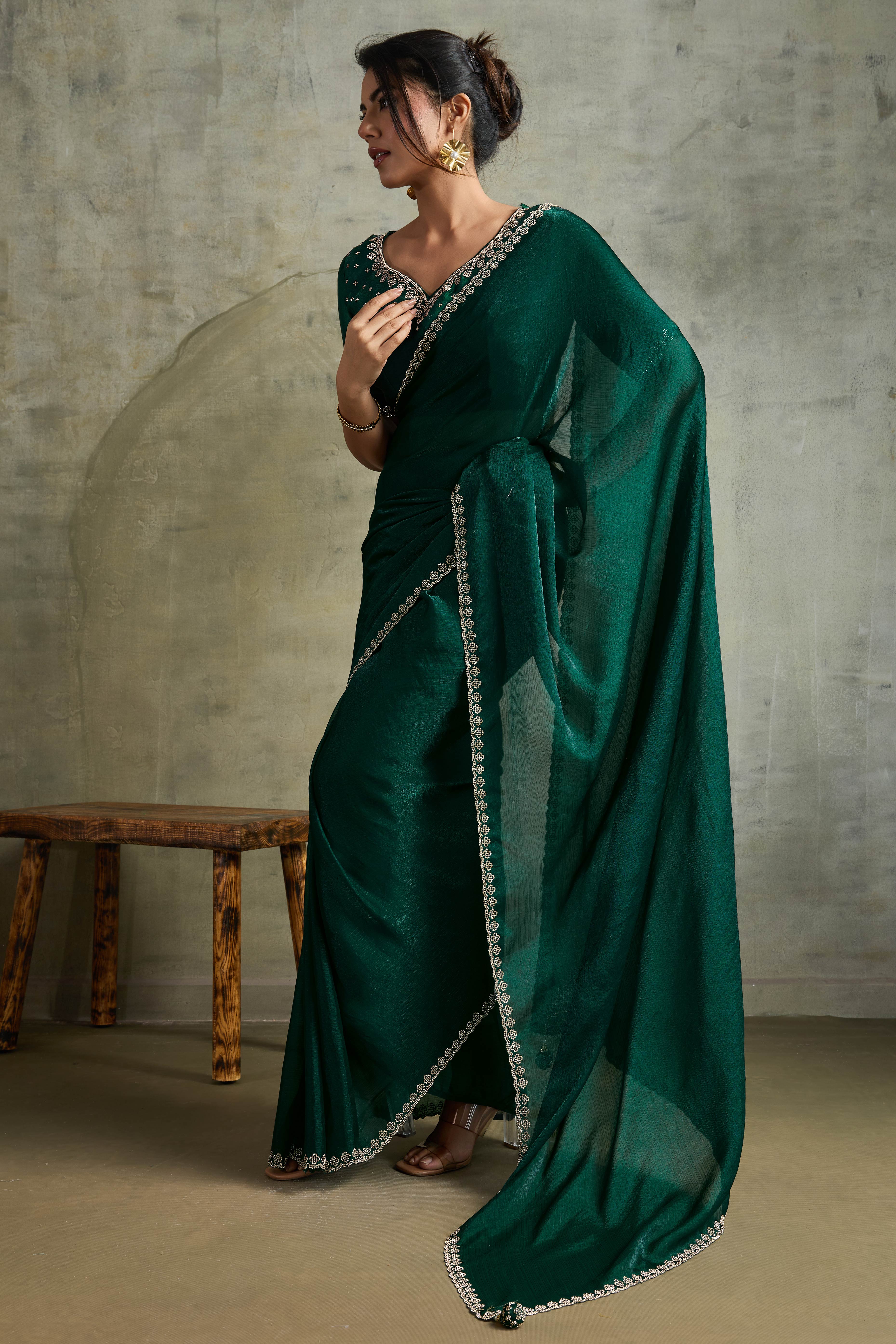 Green Solid Chiffon Saree With Sparkling Zarkan Border & Latkan Pallu