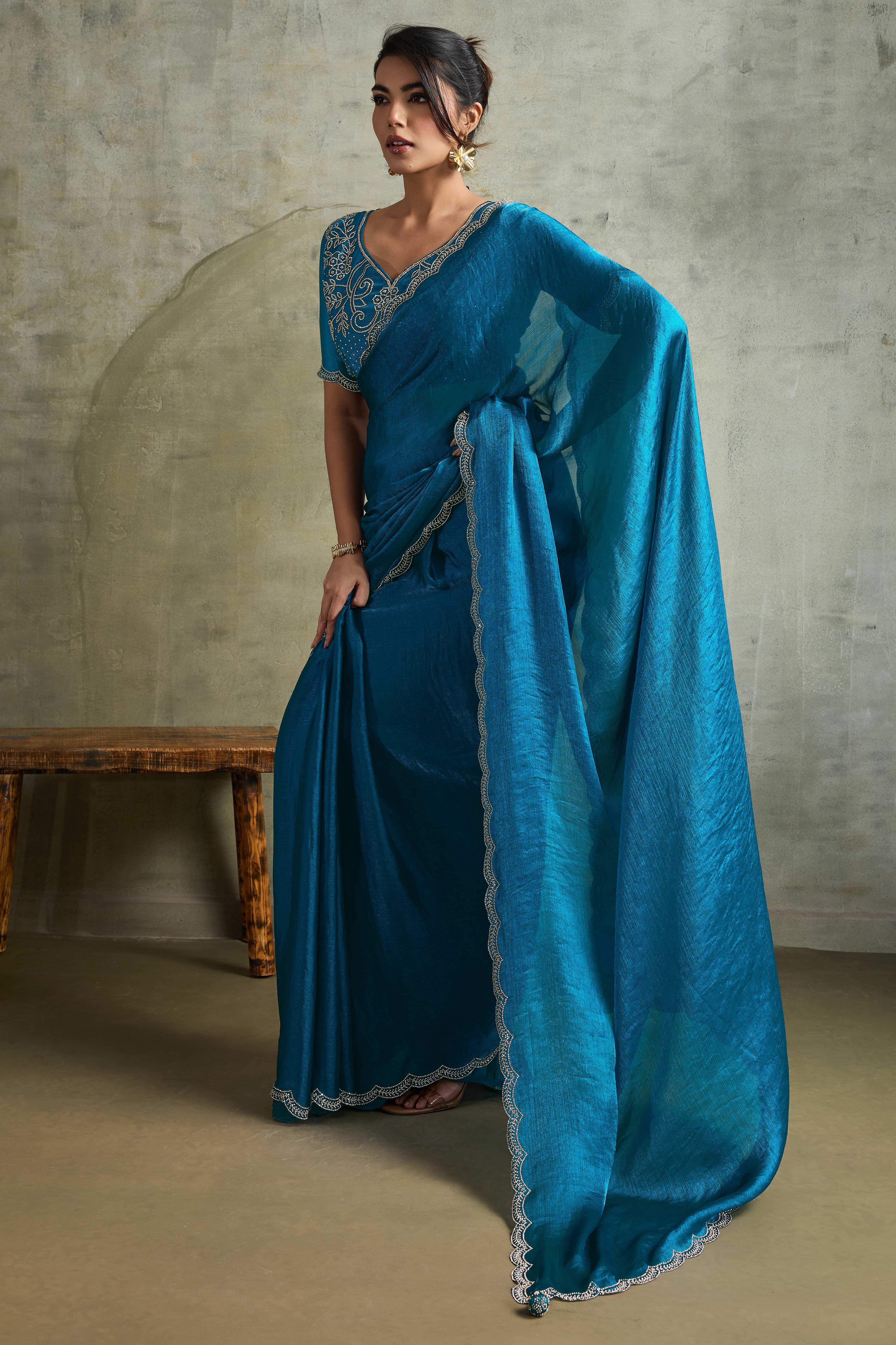 Blue Solid Chiffon Saree With Sparkling Zarkan Border & Latkan Pallu