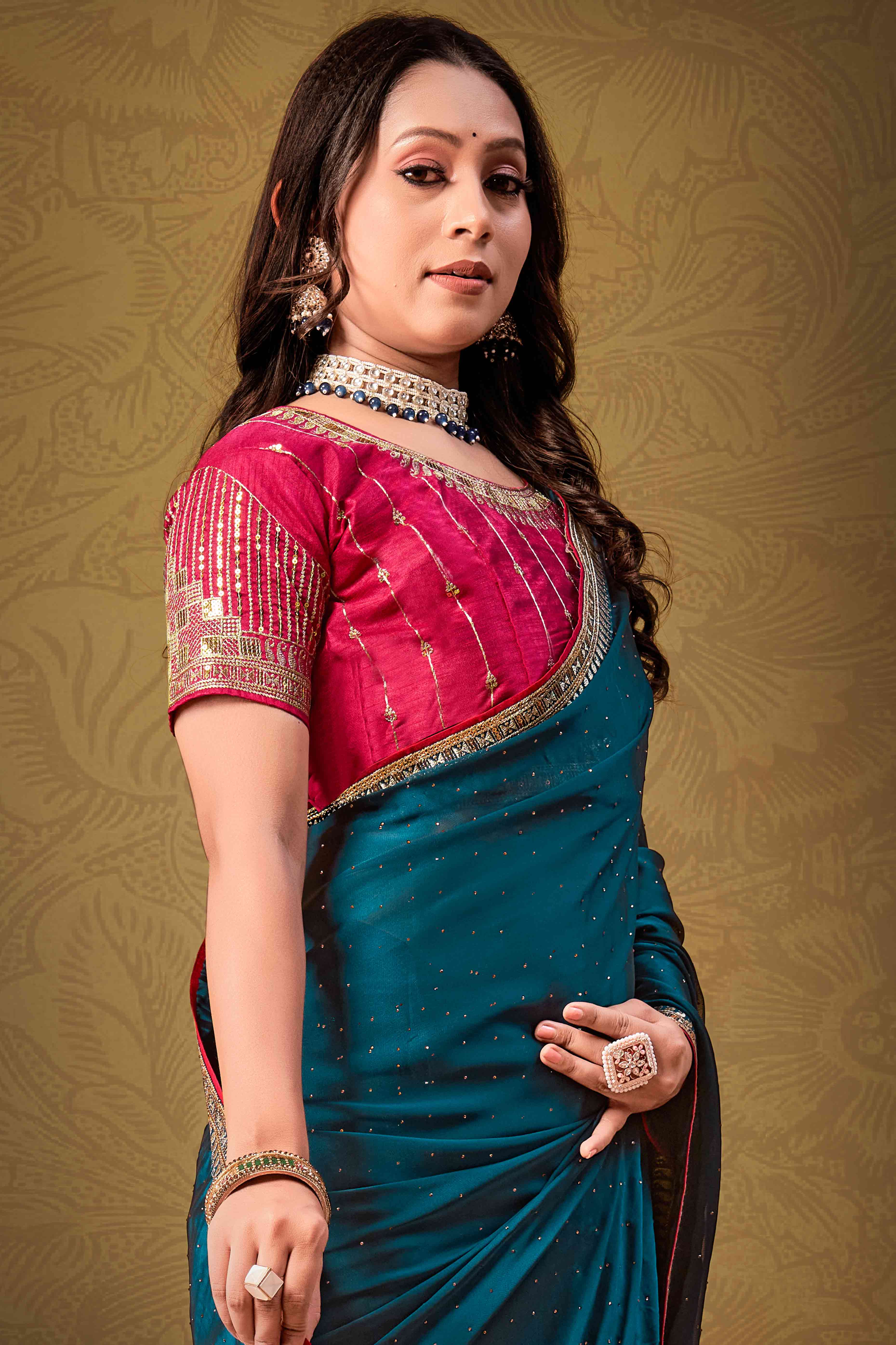 Teal Swarovski Work Satin Saree With Designer Border