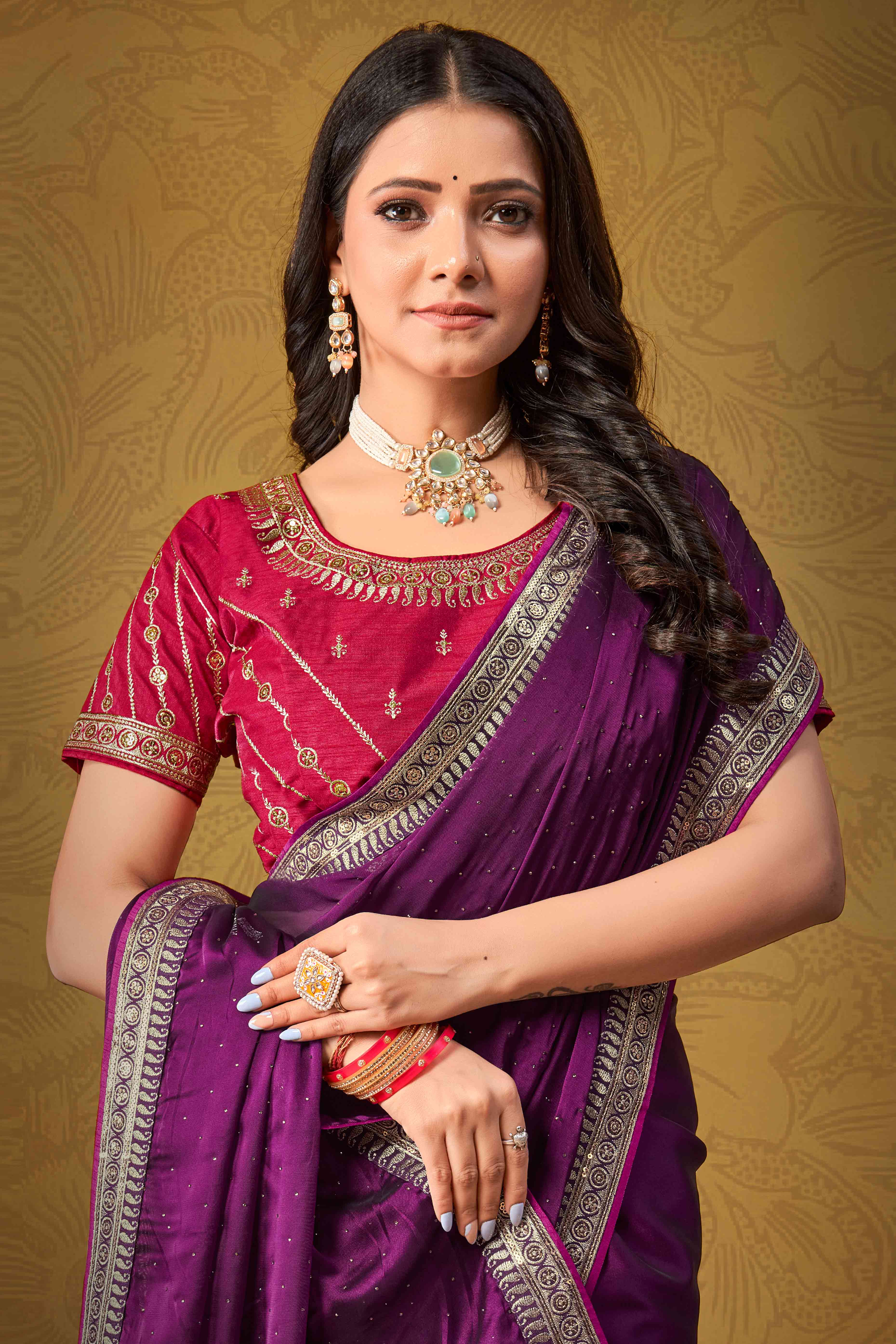 Wine Swarovski Work Satin Saree With Designer Border