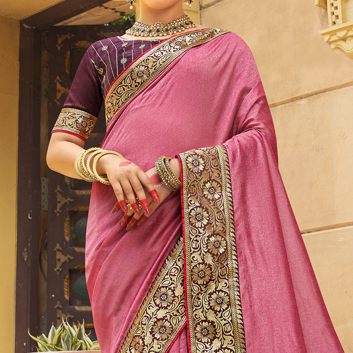 Dusty Pink Solid With Embroidered Border Vichitra Silk Saree
