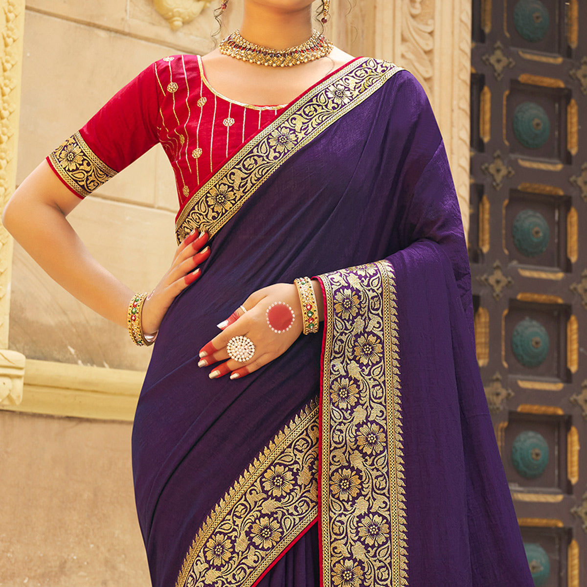 Violet Solid With Embroidered Border Vichitra Silk Saree