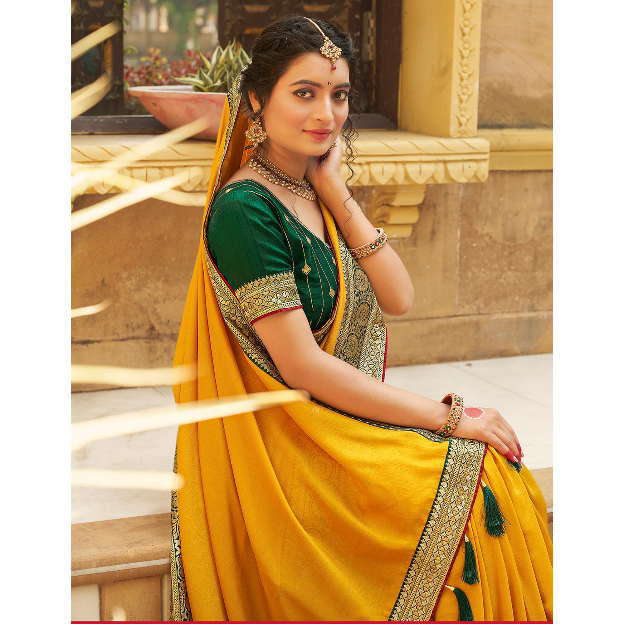 Mustard Solid With Embroidered Border Vichitra Silk Saree