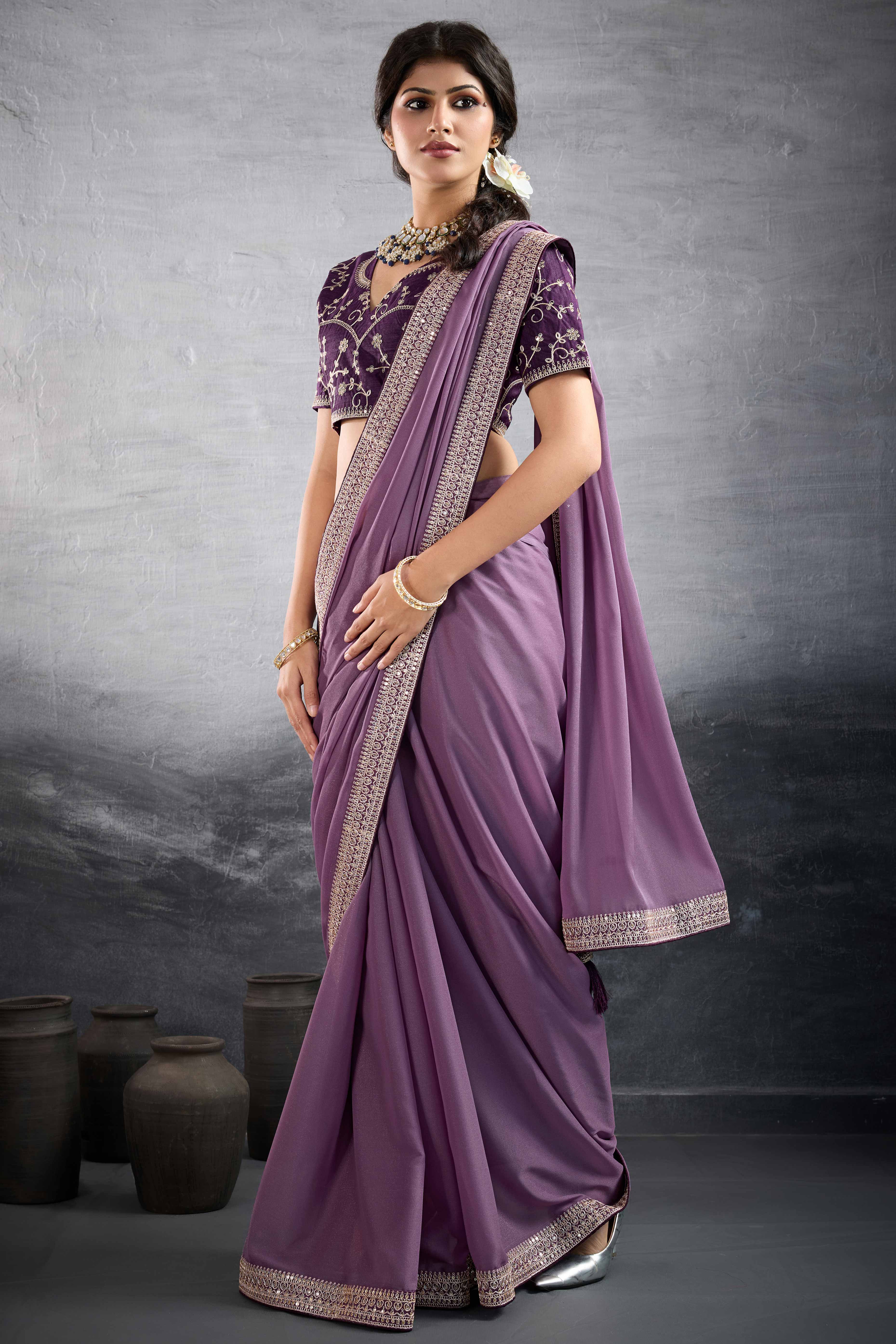 Lavender Solid Saree In Georgette With Zari & Sequins Embroidery Border