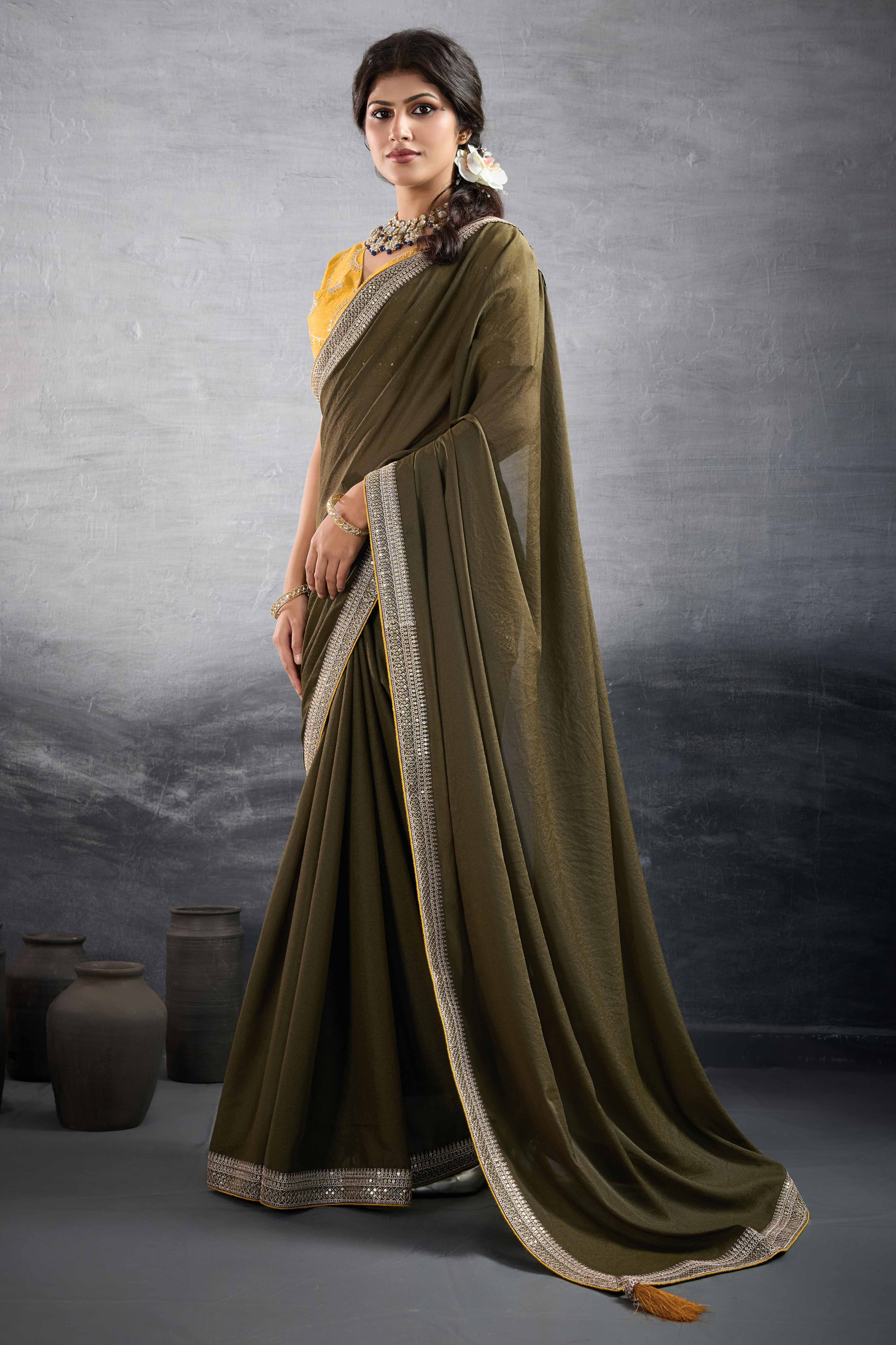 Mehendi Green Solid Saree In Georgette With Zari & Sequins Embroidery Border