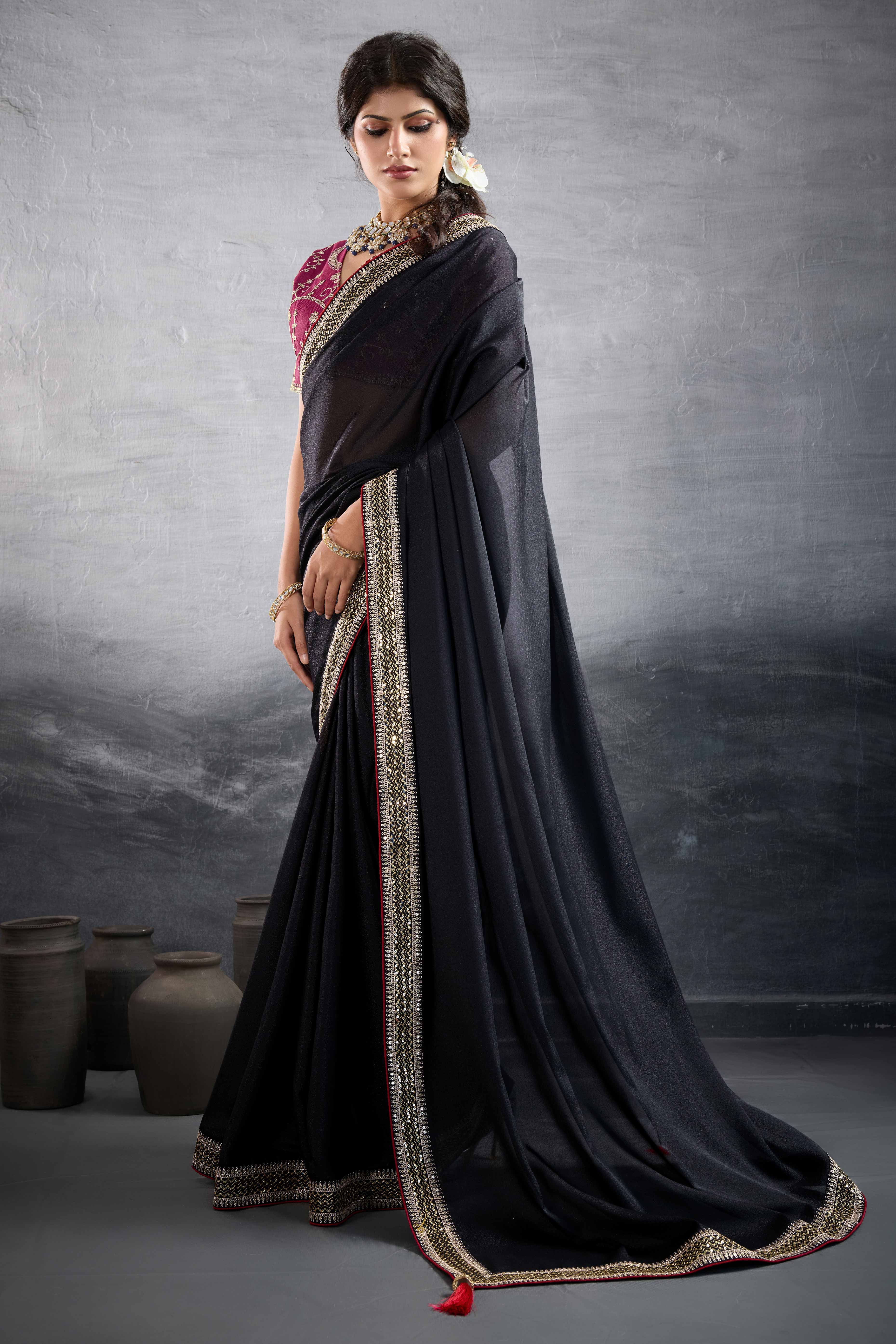 Black Solid Saree In Georgette With Zari & Sequins Embroidery Border