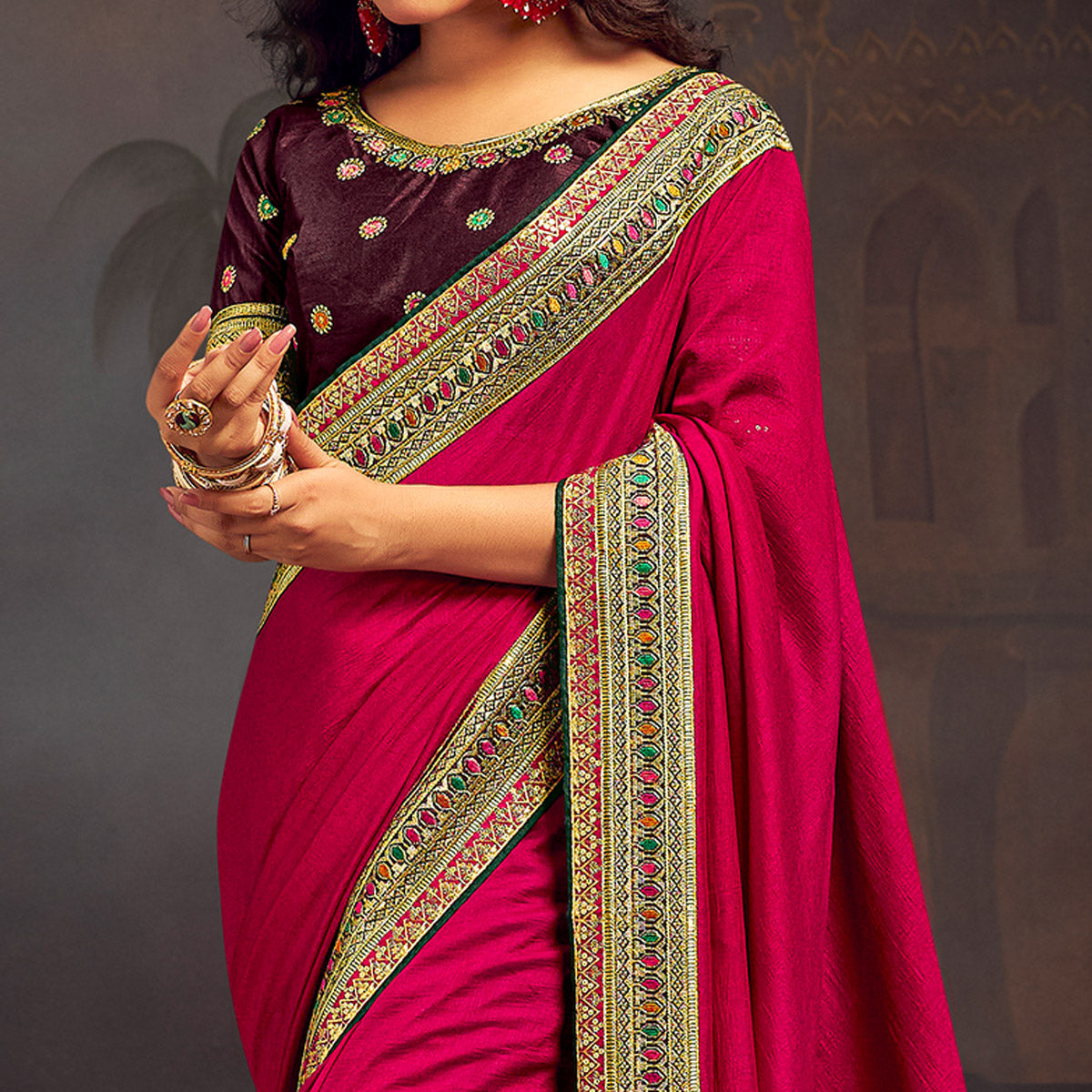 Rani Pink Solid With Embroidered Border Vichitra Silk Saree
