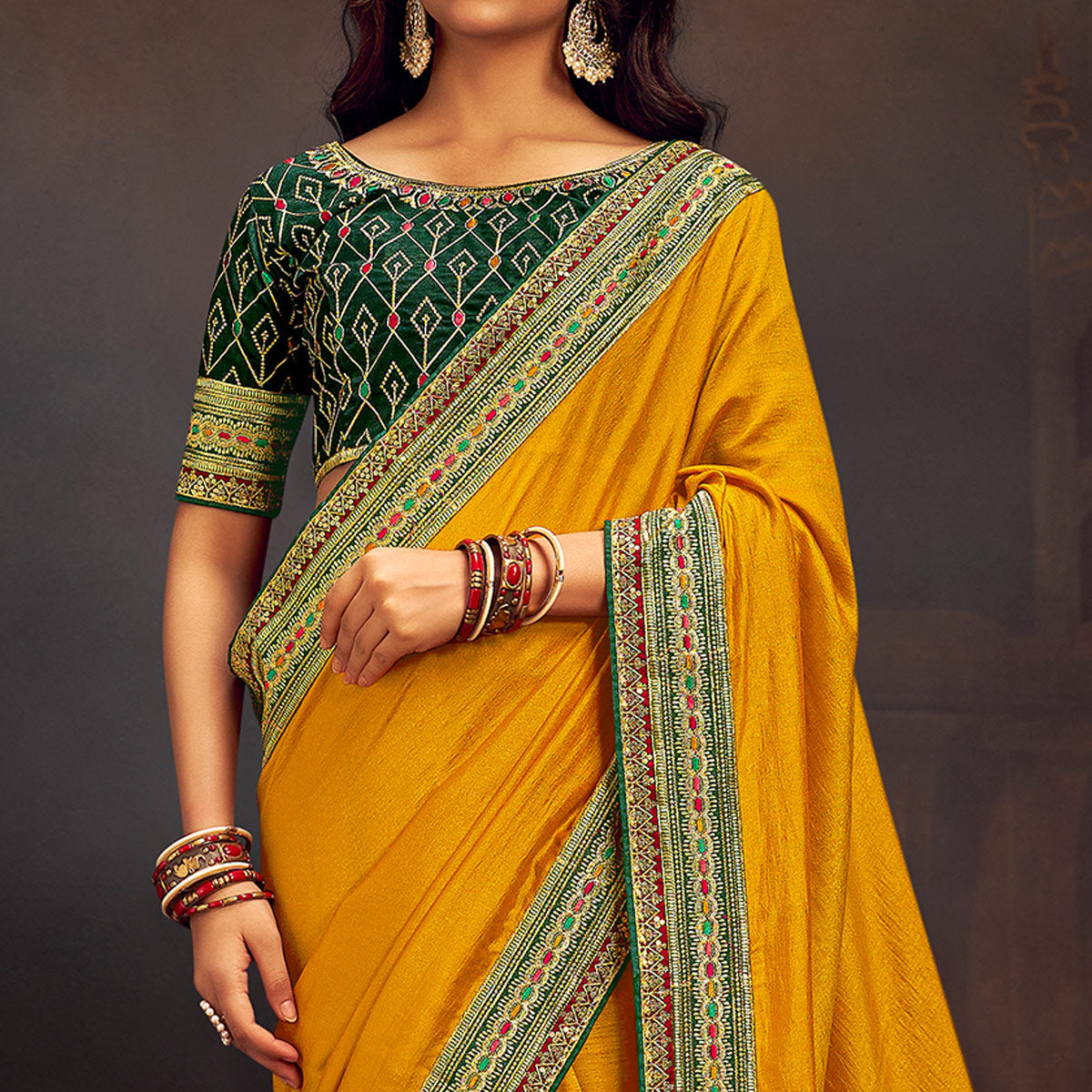 Mustard Solid With Embroidered Border Vichitra Silk Saree