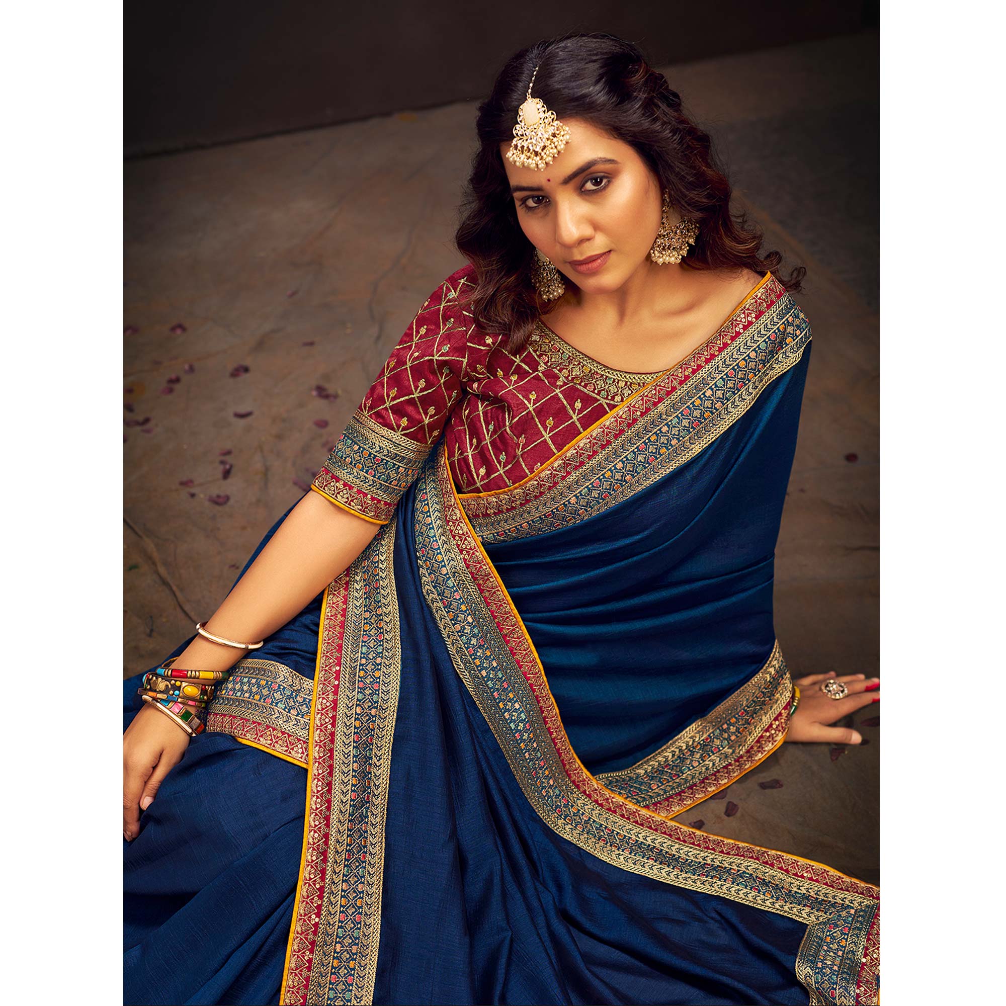 Blue Solid With Embroidered Border Vichitra Silk Saree