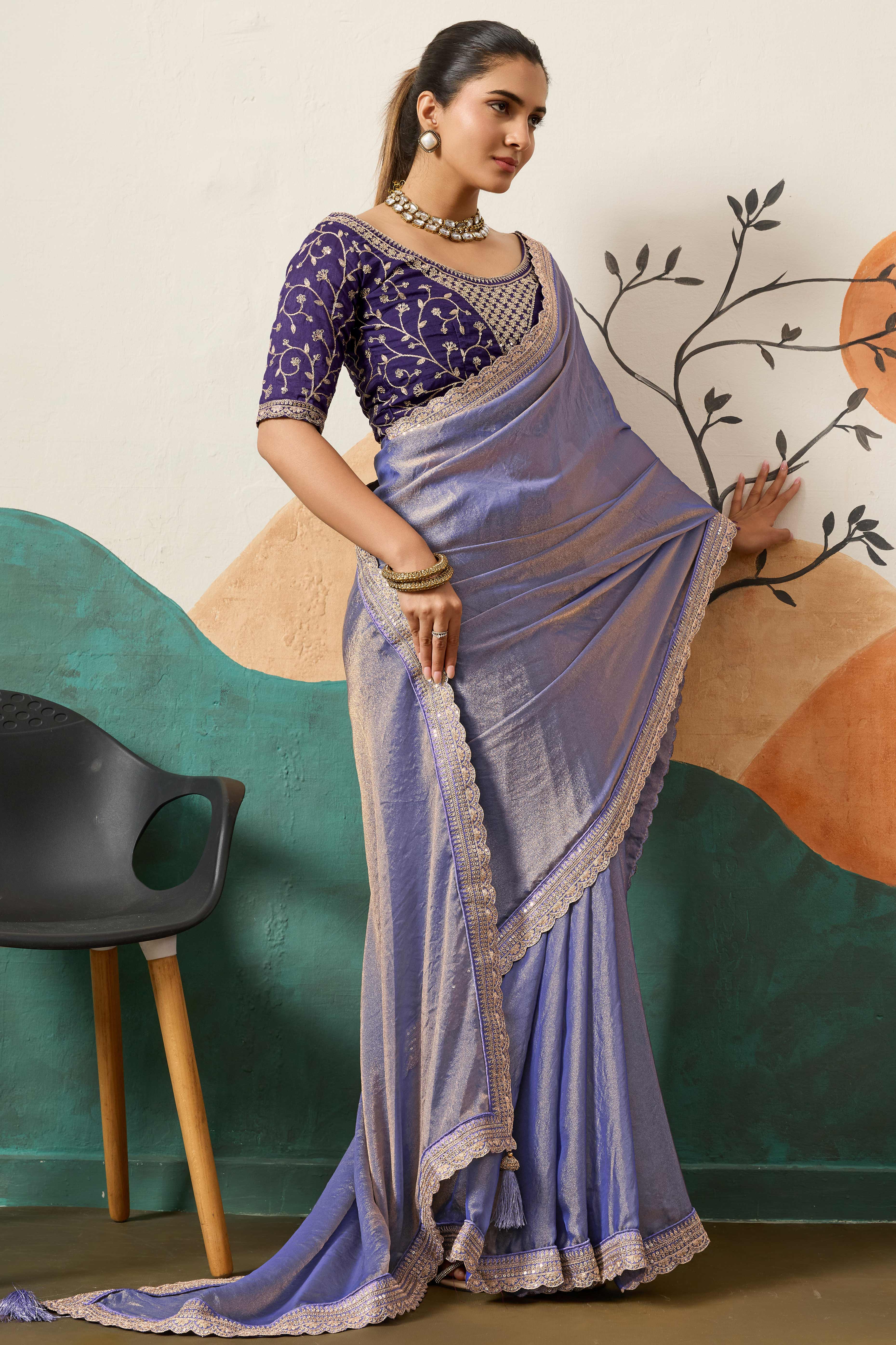 Sophisticated Lavender Solid Moss Orgnaza Saree With Intricate Cording Sequins Embroidery Border