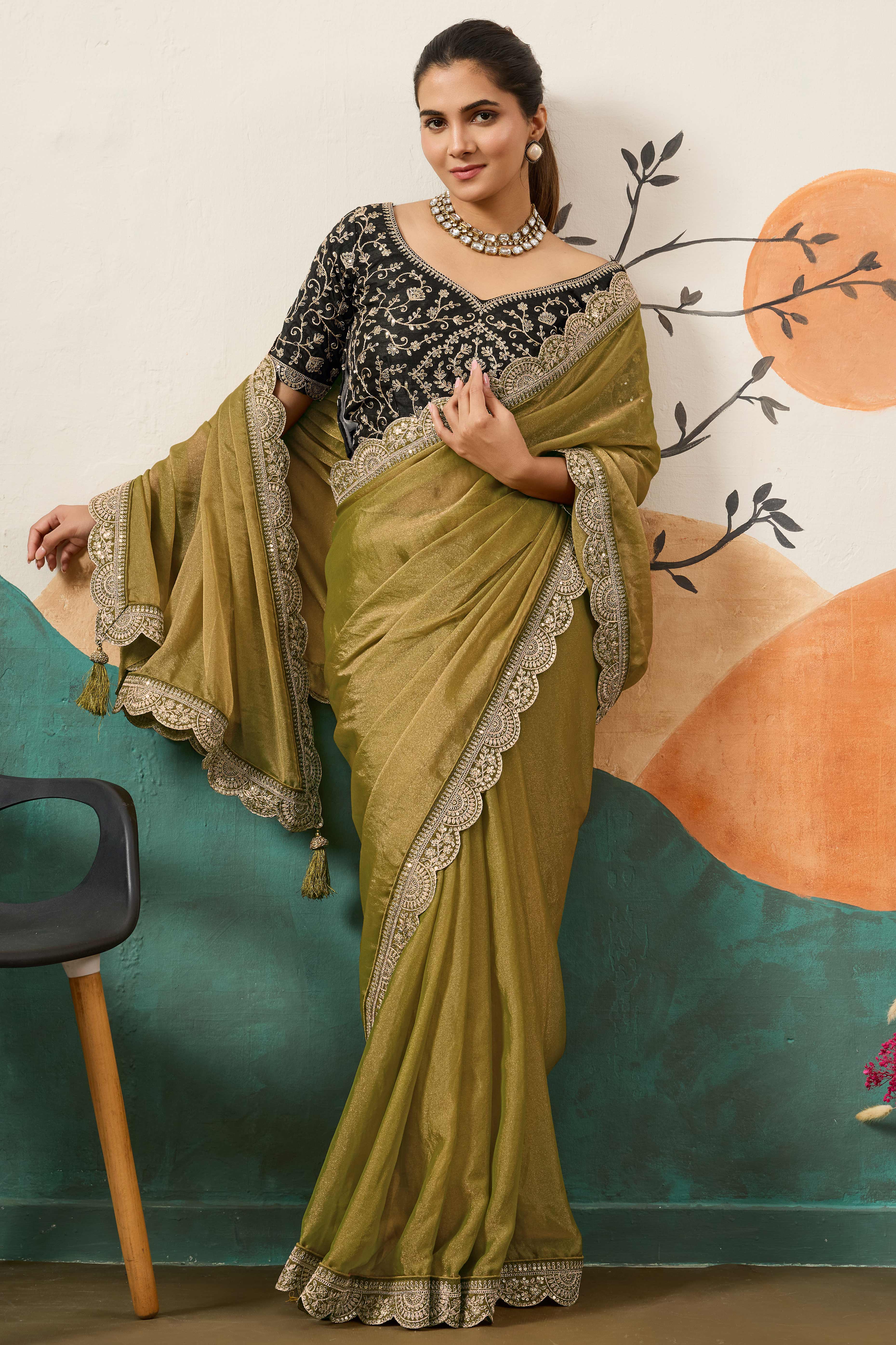 Sophisticated Olive Green Solid Moss Orgnaza Saree With Intricate Cording Sequins Embroidery Border