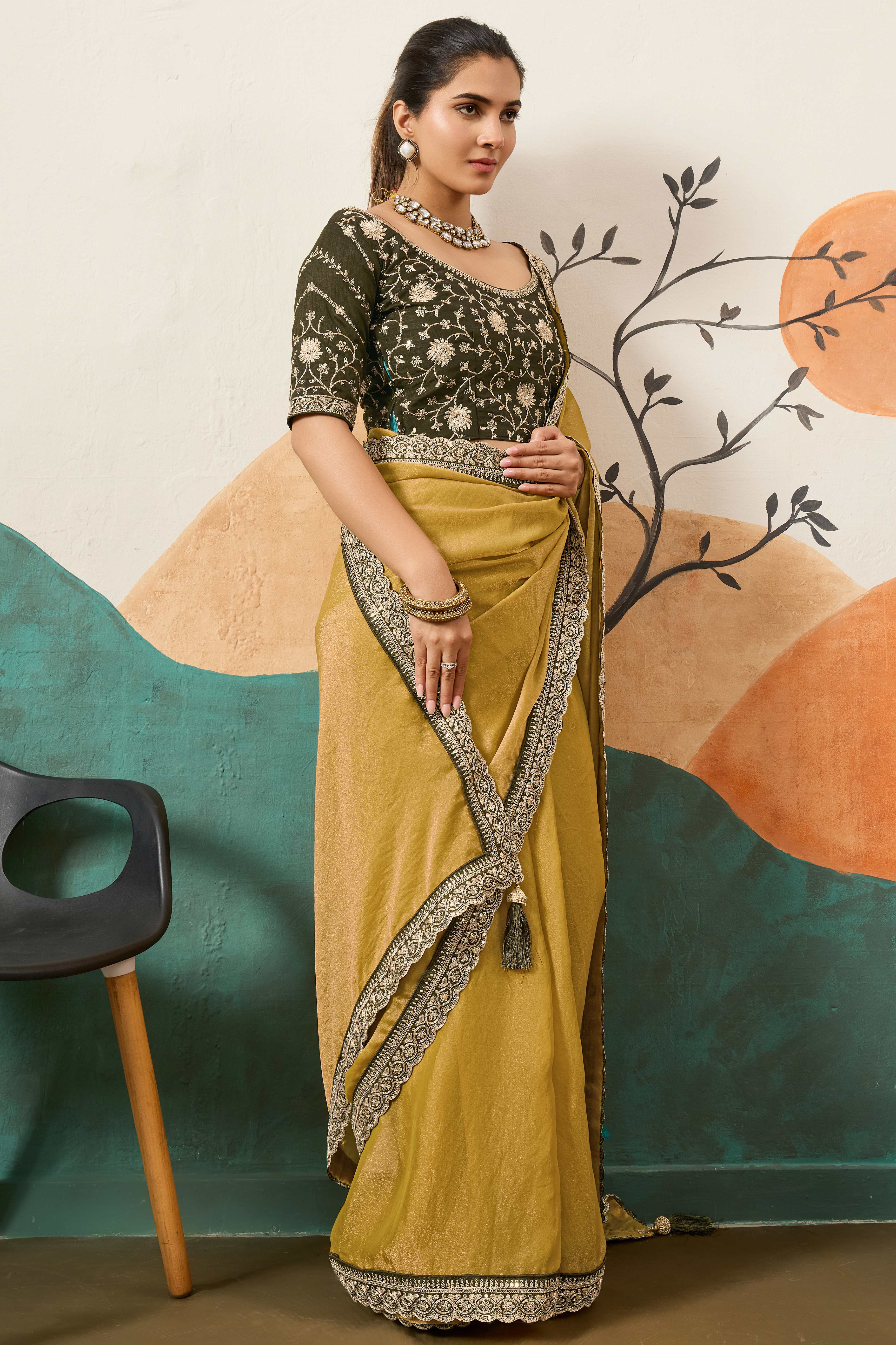 Sophisticated Dark Mustard Solid Moss Orgnaza Saree With Intricate Cording Sequin Embroidery Border