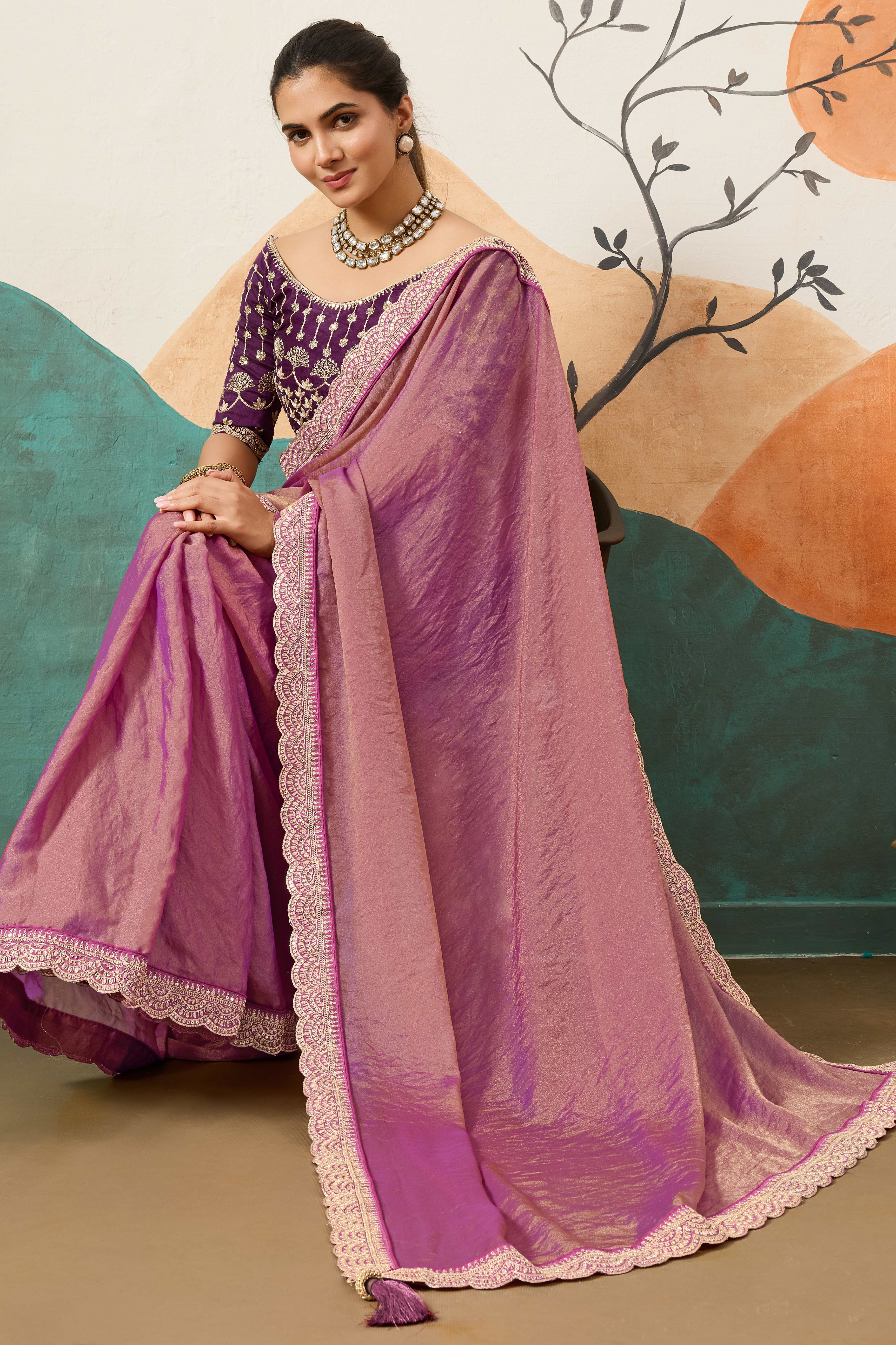 Sophisticated Purple Solid Moss Orgnaza Saree With Intricate Cording Sequins Embroidery Border