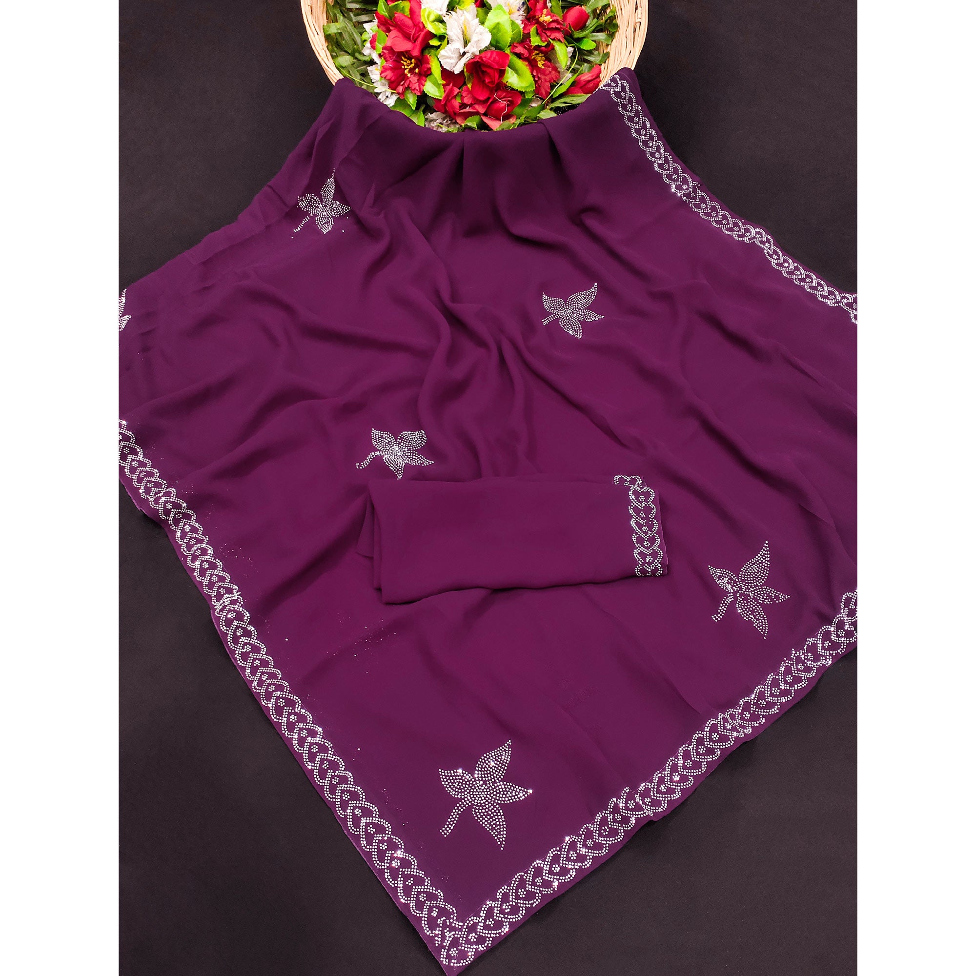 Purple Floral Swarovski Work Georgette Saree