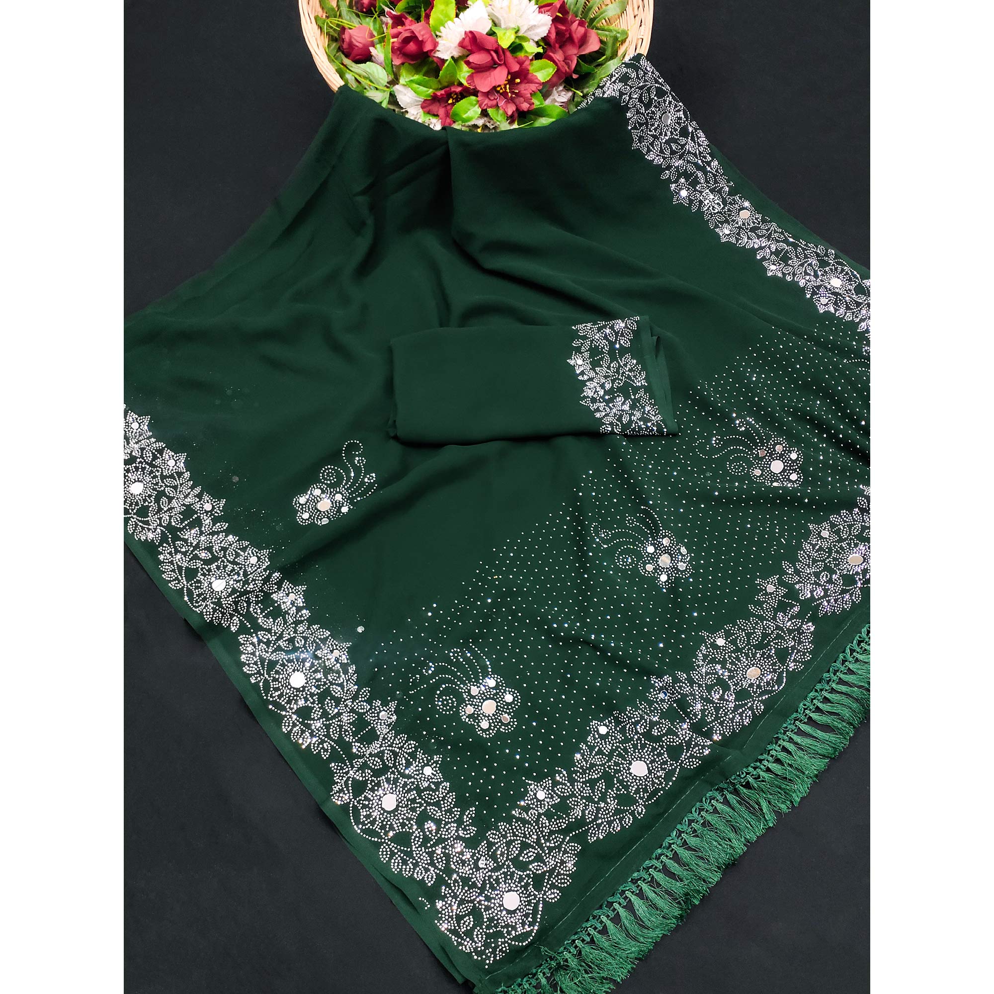 Green Swarovski With Mirror Work Georgette Saree